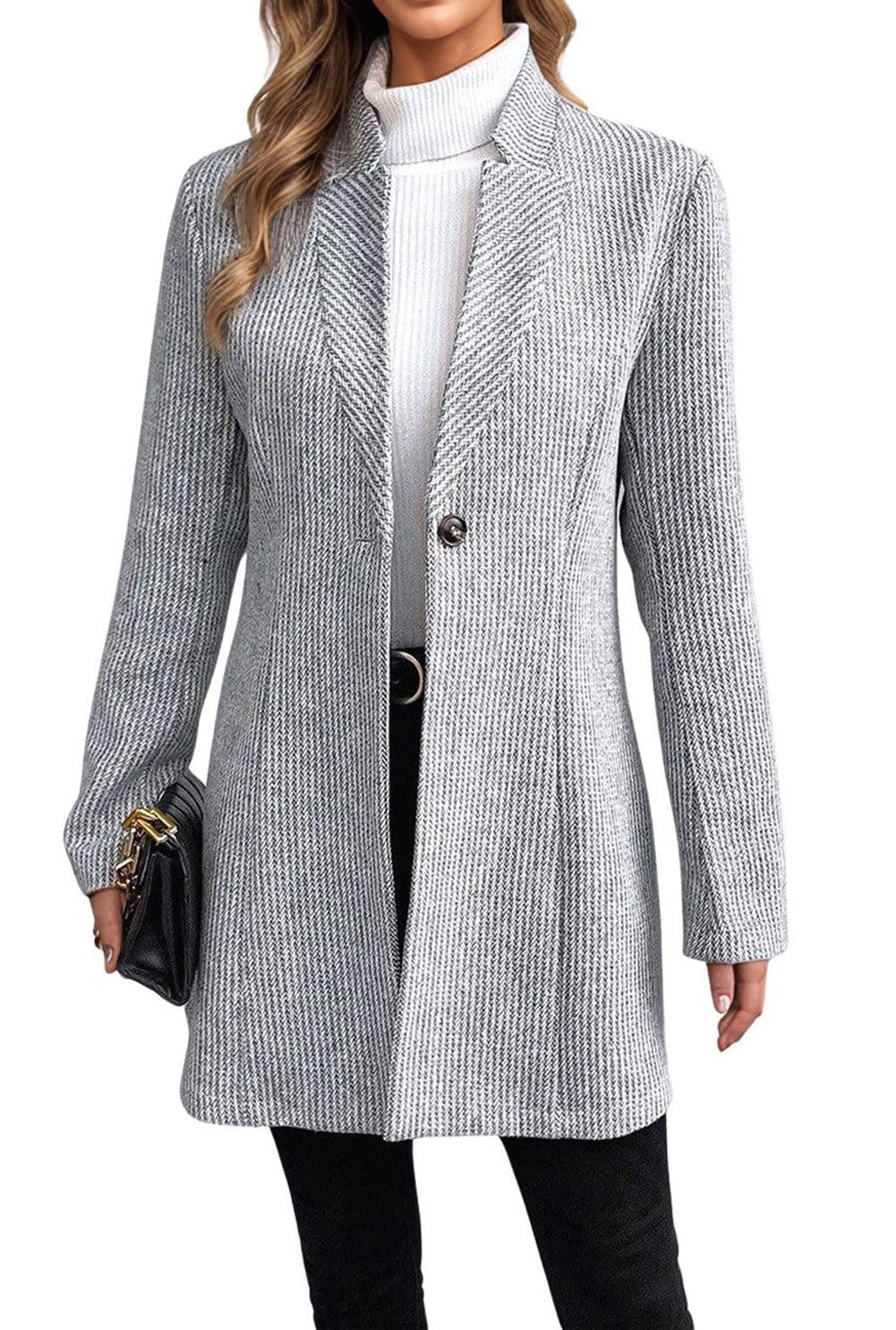 CHARTOU Womens Long Sleeve Casual Wool Jacket Blazer 1 Button Winter Coat Mid-Long Stand Collar Open Front Overcoat