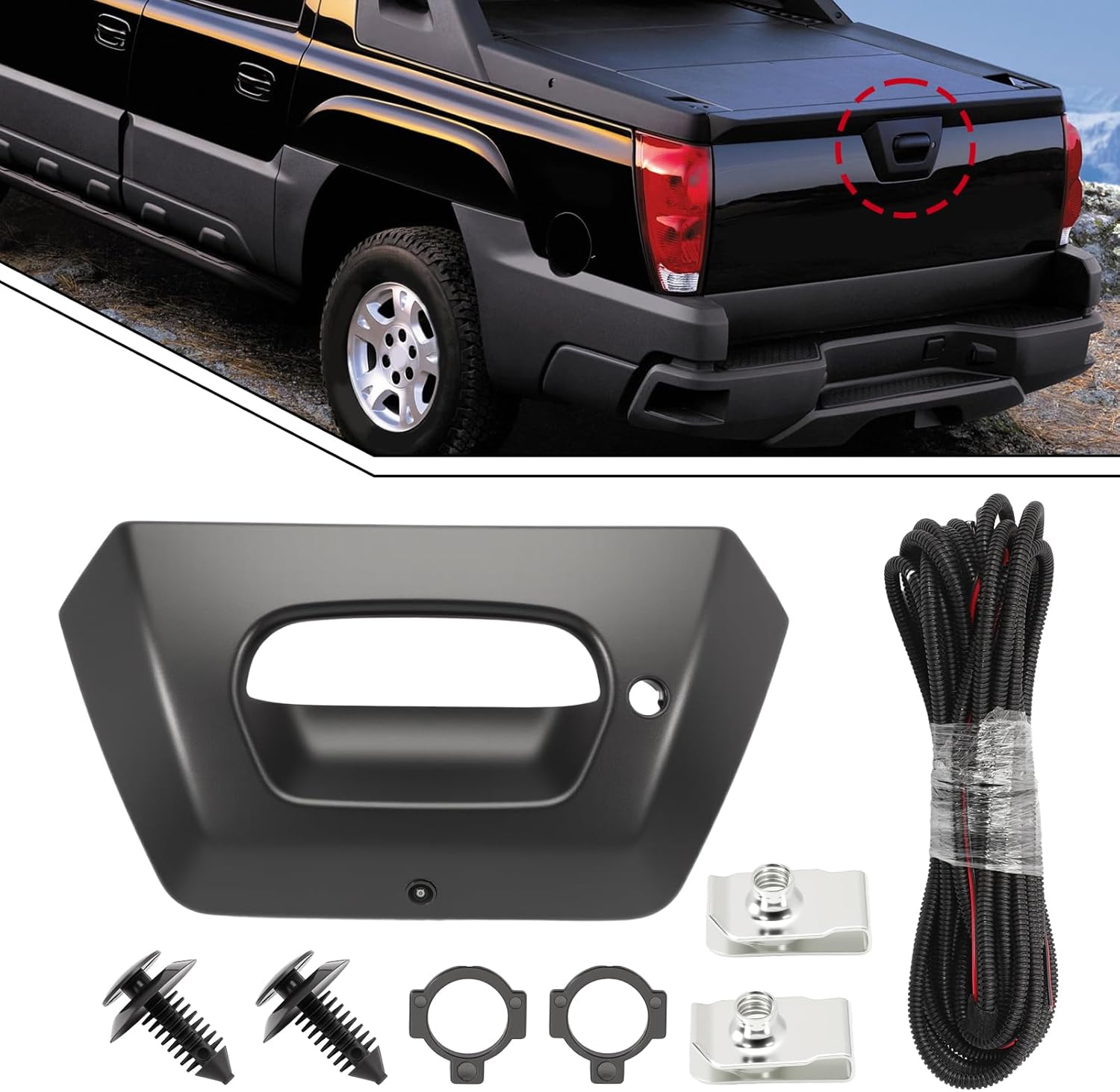 Backup Camera with Tailgate Handle Bezel Trim Compatible with 2002 2003 2004 2005 2006 Avalanche 1500 2500 Pickup Truck Replaces 93440179 15094722 GM1916104 GM1916105