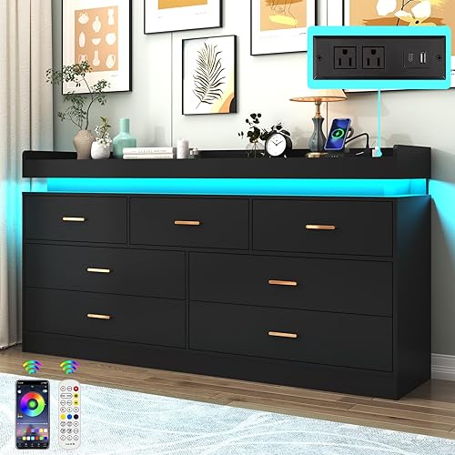 Miniatura 21 de Cómoda de 8 cajones con luz LED y estación de carga, cómoda moderna para armario, armario organizador de cajones anchos para dormitorio, sala de