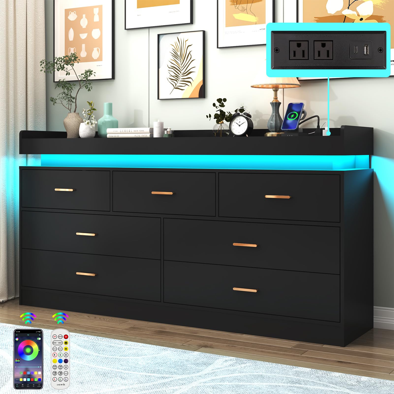 7 Drawer Dresser with LED Light and Charging Station, Modern Chest of Drawers for Closet, Wide Drawer Organizer Cabinet for Bedroom, Living Room, Entryway, Hallway, Black