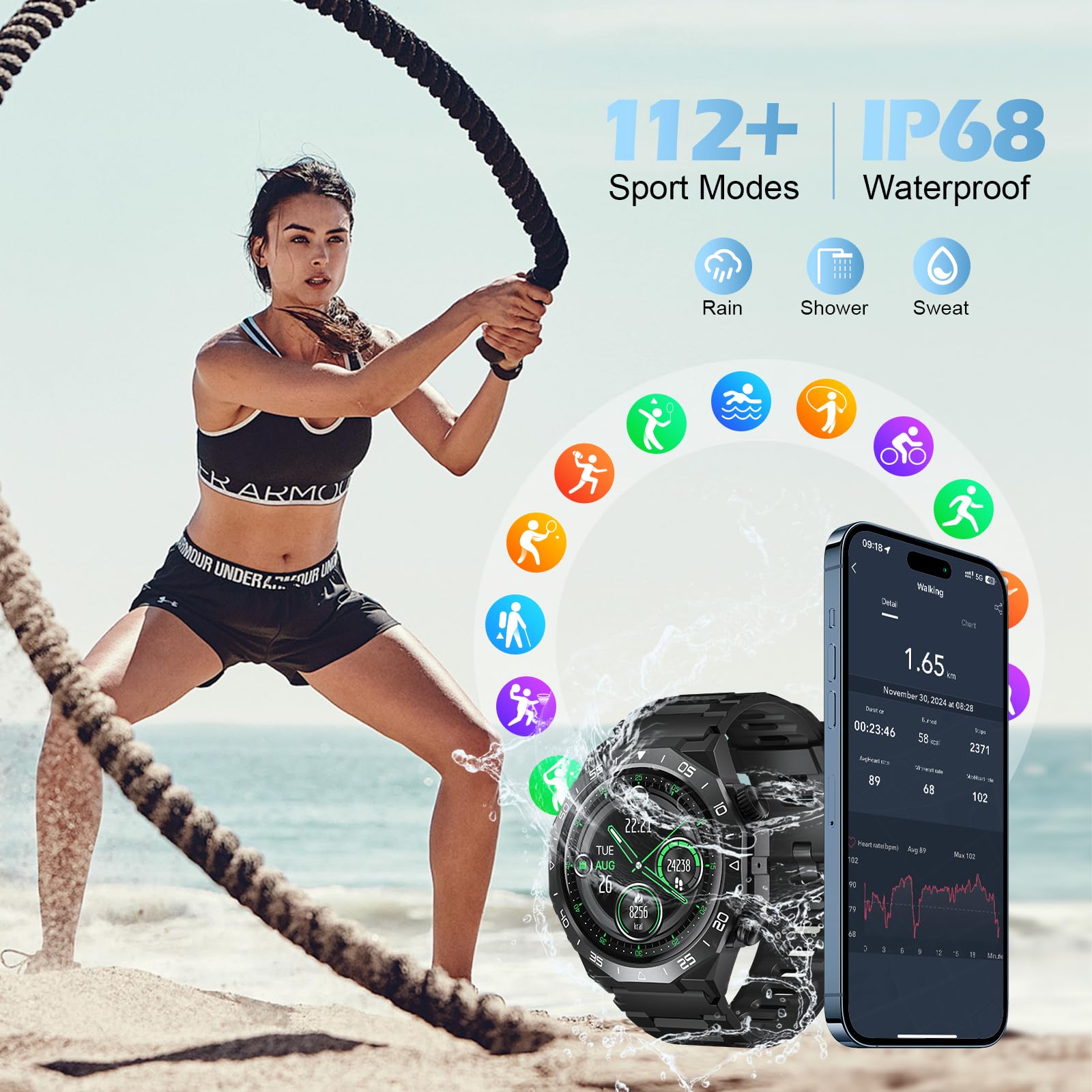 Smartwatch Uomo Donna, 1.39" HD Orologio Smartwatch Uomo con Chiamate, Orologio Intelligente Fitness con 112+Sports, 24H Cardiofrequenzimetro/Sonno, IP68 Impermeabile Smart Watch per Android iOS,Nero