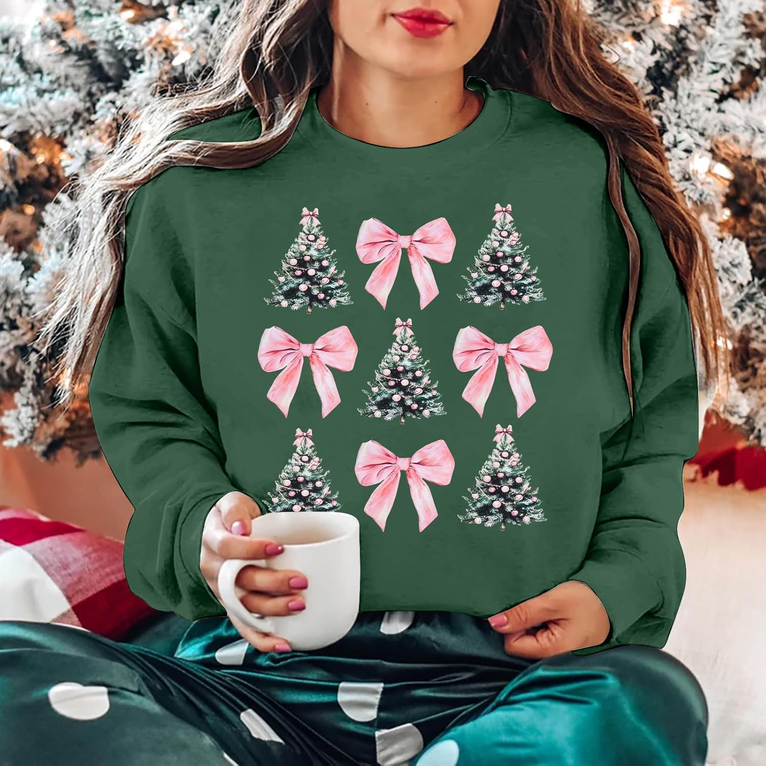 ASTANFY Christmas Tree Sweatshirts Women Christmas Coquette Bow Graphic Pullover Holiday Long Sleeve Tee Tops - Image 6