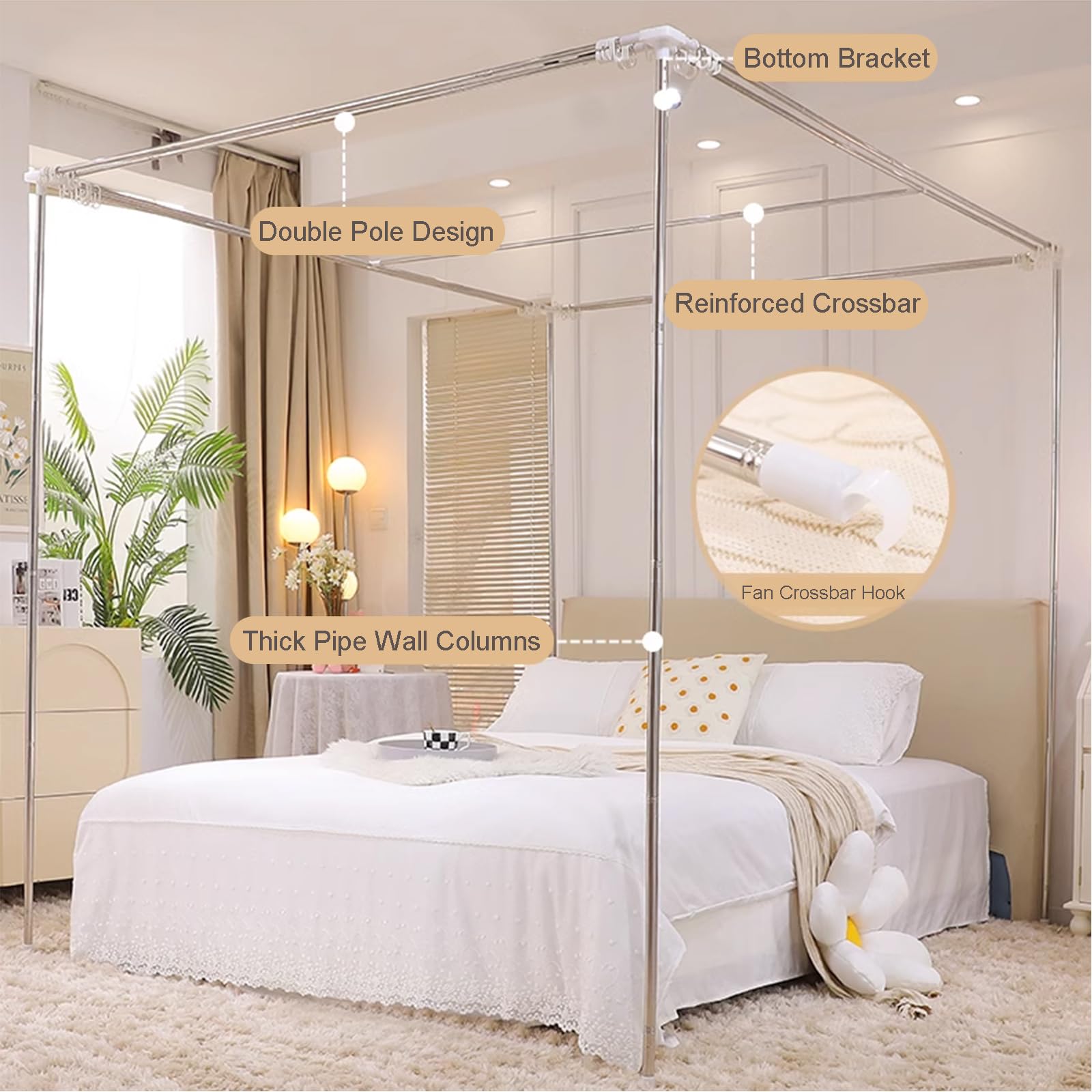 4 Esquinas Poste Princesa Cortinas Cama con Dosel para s, 4 Apertura Cama Queen King Tienda De Campaña Mosquitera - Toldos De Malla Transparente De Doble Capa Cortinas Decoración De La Habit