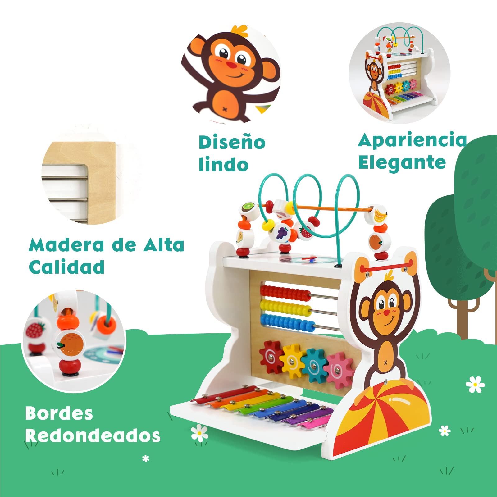 Juguete Cubo de Actividades de Madera para Bebés 5 en 1:Juguete Xilófono, Ábaco, Laberinto de Perlas, Engranajes, Reloj: Instrumento Musical para Niños de 1 a 5 Años