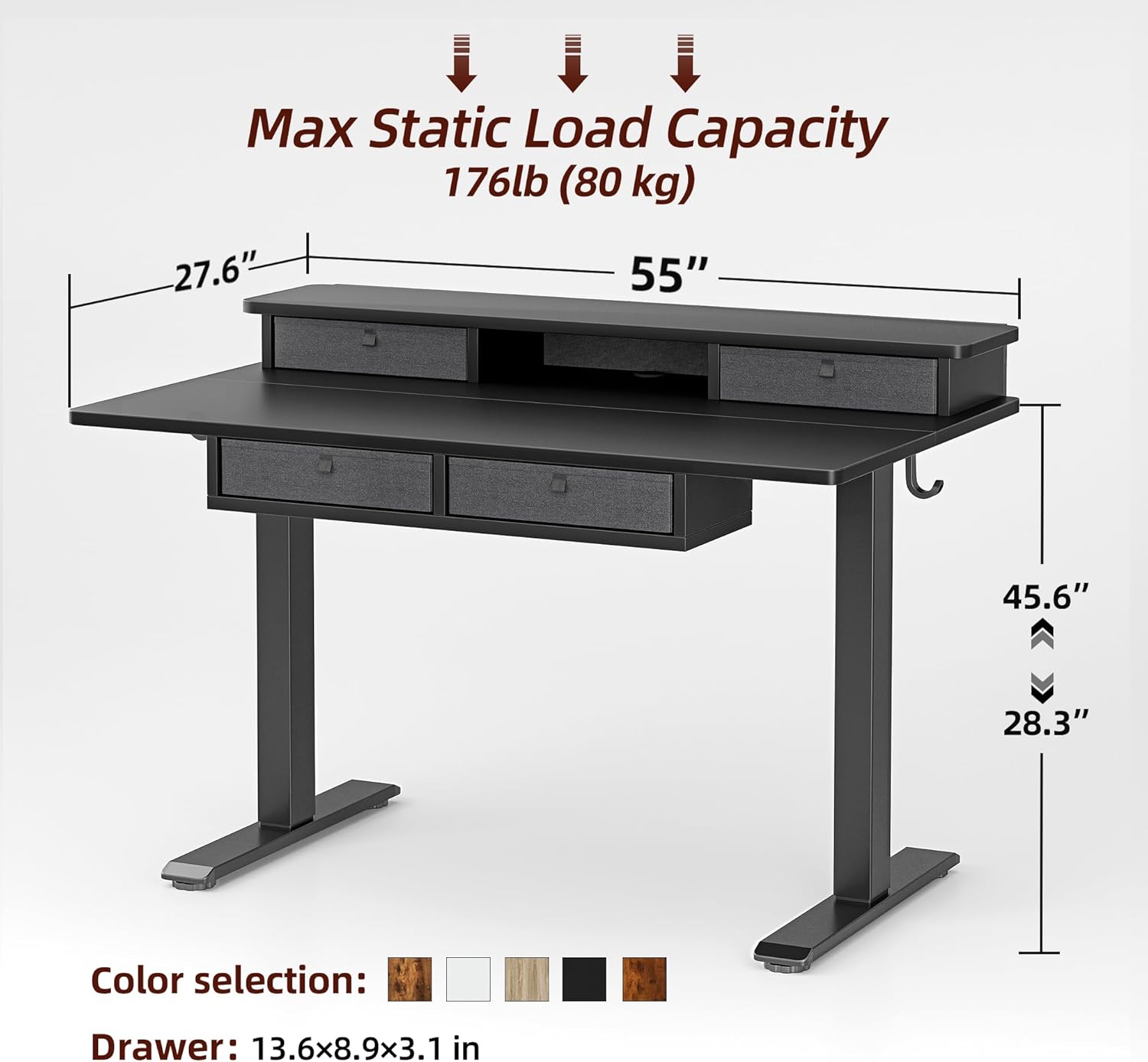 Diagram showing dimensions of the TIQLAB standing desk: 55 inches width, 27.6 inches depth, adjustable height from 28.3 to 45.6 inches, and max static load capacity of 176 lbs (80 kg)