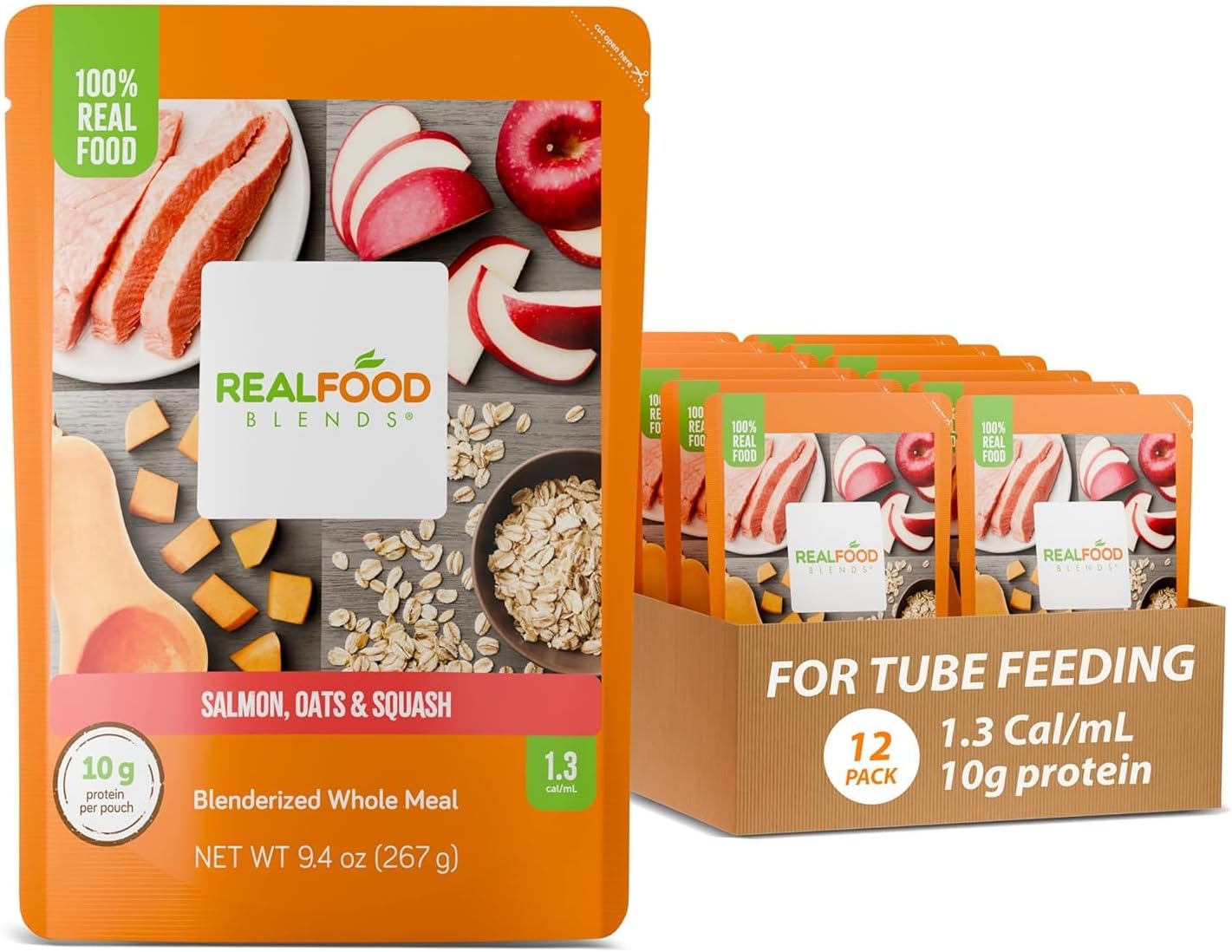 Real Food Blends Salmon, Oats & Squash - Pureed Food Meals for Tube Feeding with Protein, Vegetables & Fruits - 330 Calories for Lunch & Dinner - 9.4 oz (Pack of 12) | For Tube Feeding, 10g Protein, 23 Vitamins and Minerals, 9.4 oz