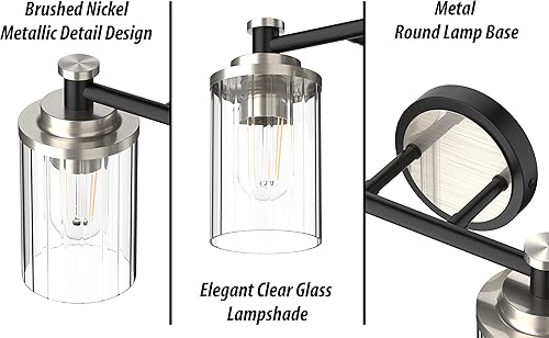 Miniatura 6 de Accesorios de iluminación de baño, lámpara de tocador de baño negra y níquel cepillado con rayas cilíndricas transparentes, pantalla de vidrio con