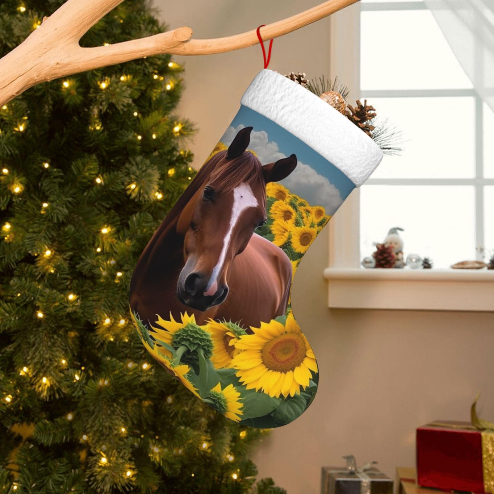 Velvet Christmas Stockings 17.7 Inch, Horse and Sunflower Xmas Stocking with Soft Cuff,Classic Personalized Christmas Tree Decoration for Family Holiday New Year Party Supplies