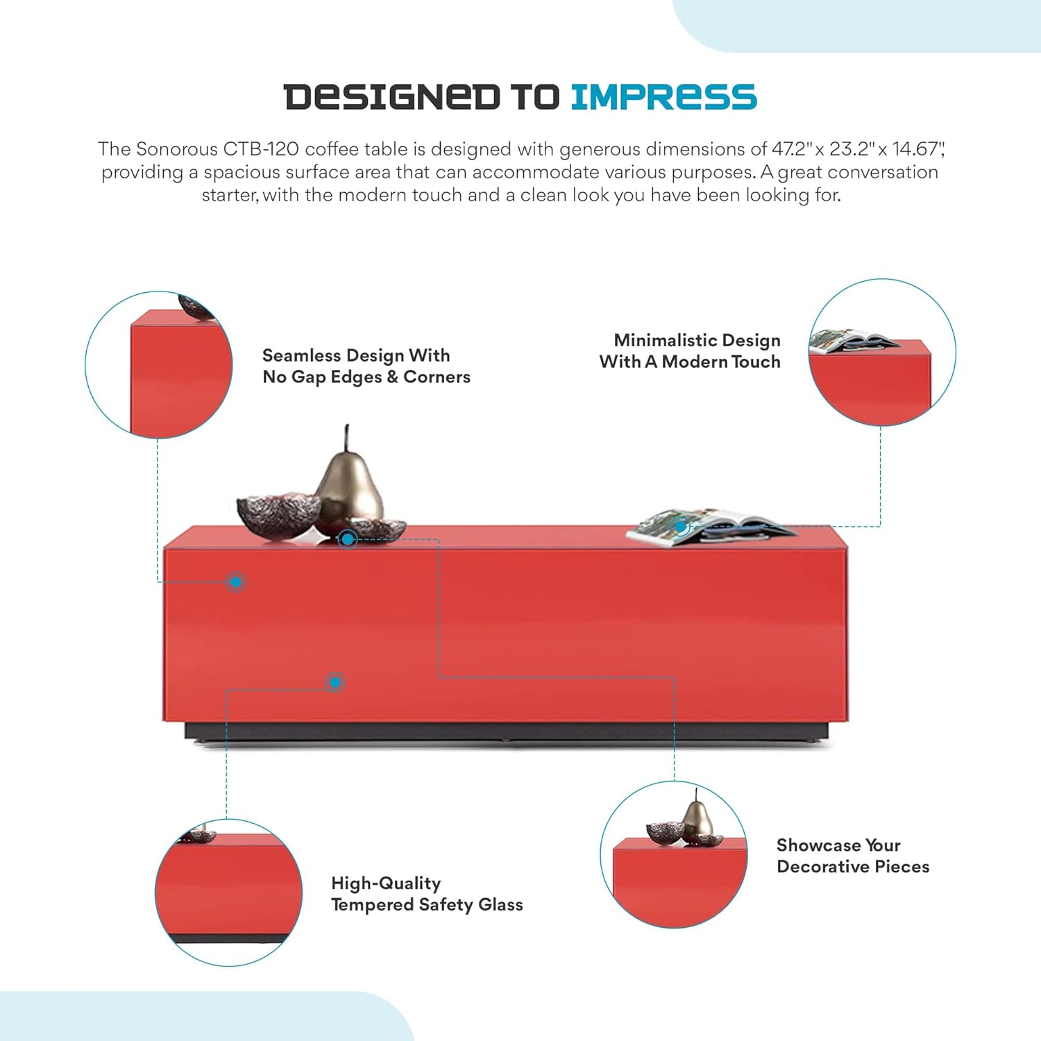 SONOROUS Premium Tempered Glass Coffee Table - Modern Red Rectangular Coffee Tables for Living Room - High Gloss Fingerprint Resistant Mid Century Design - Stylish Living Room Furniture & Décor