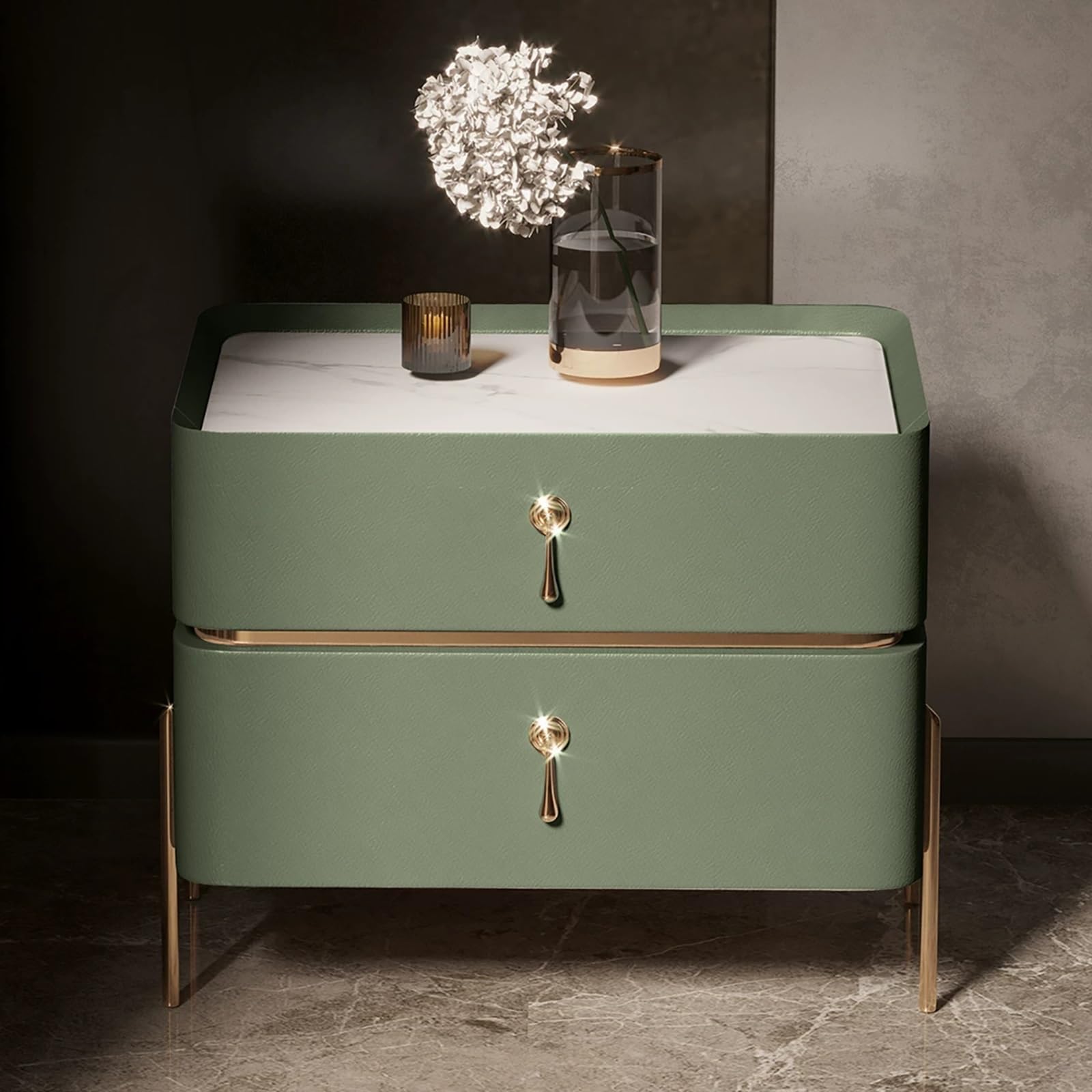 SXZenSpace Modern Nightstand with 2 Drawer and Rock Slab Tabletop, Solid Wood Bedside Tables for Bedrooms(Green,45x40x48cm)