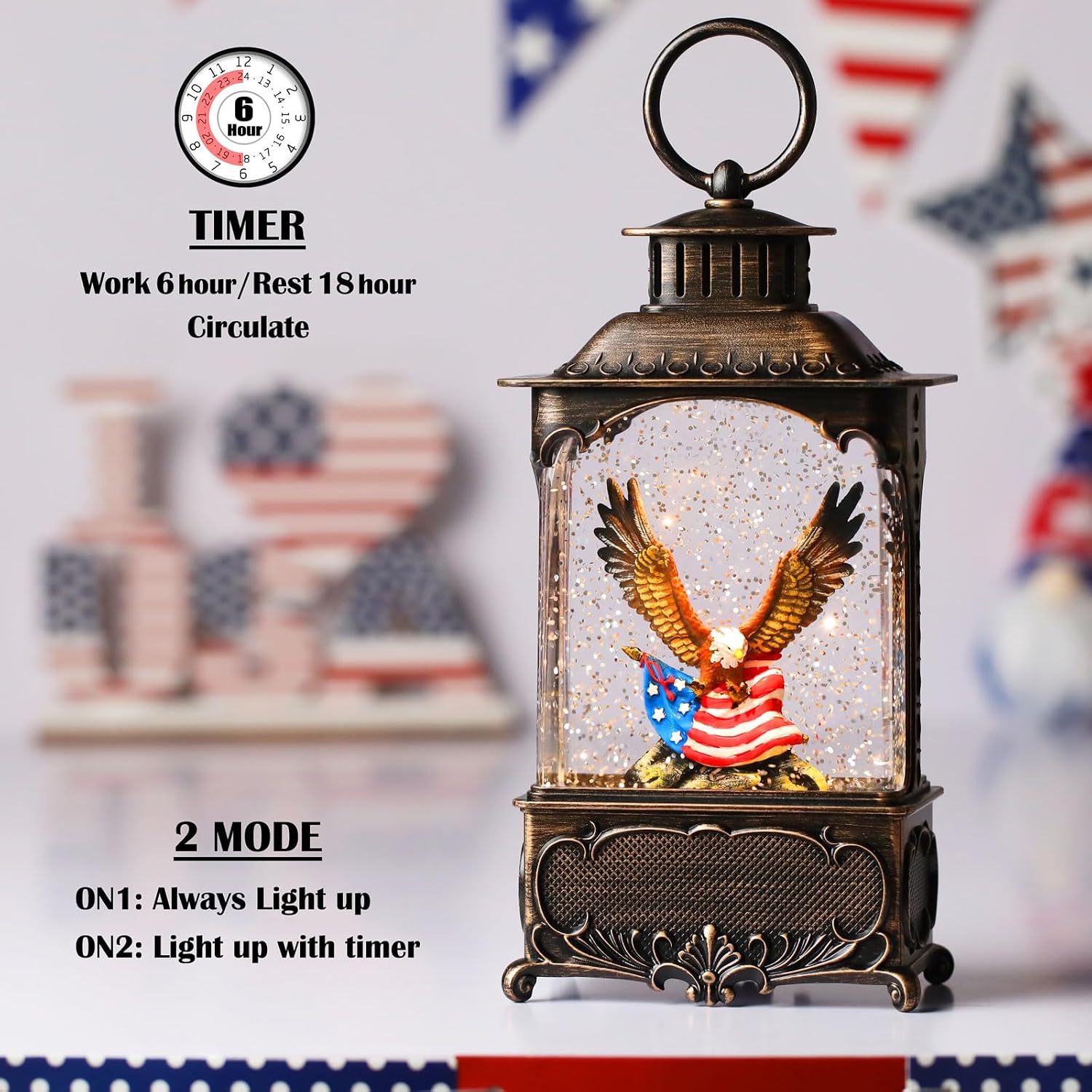 Eagle Snow Globe Lantern 4th of July Decorations Decorations Gifts Auto Snowfall Glitter Music Collection Independence Day Patriotic American Flag with 6H Timer USB/Battery Powered 10.2 inch