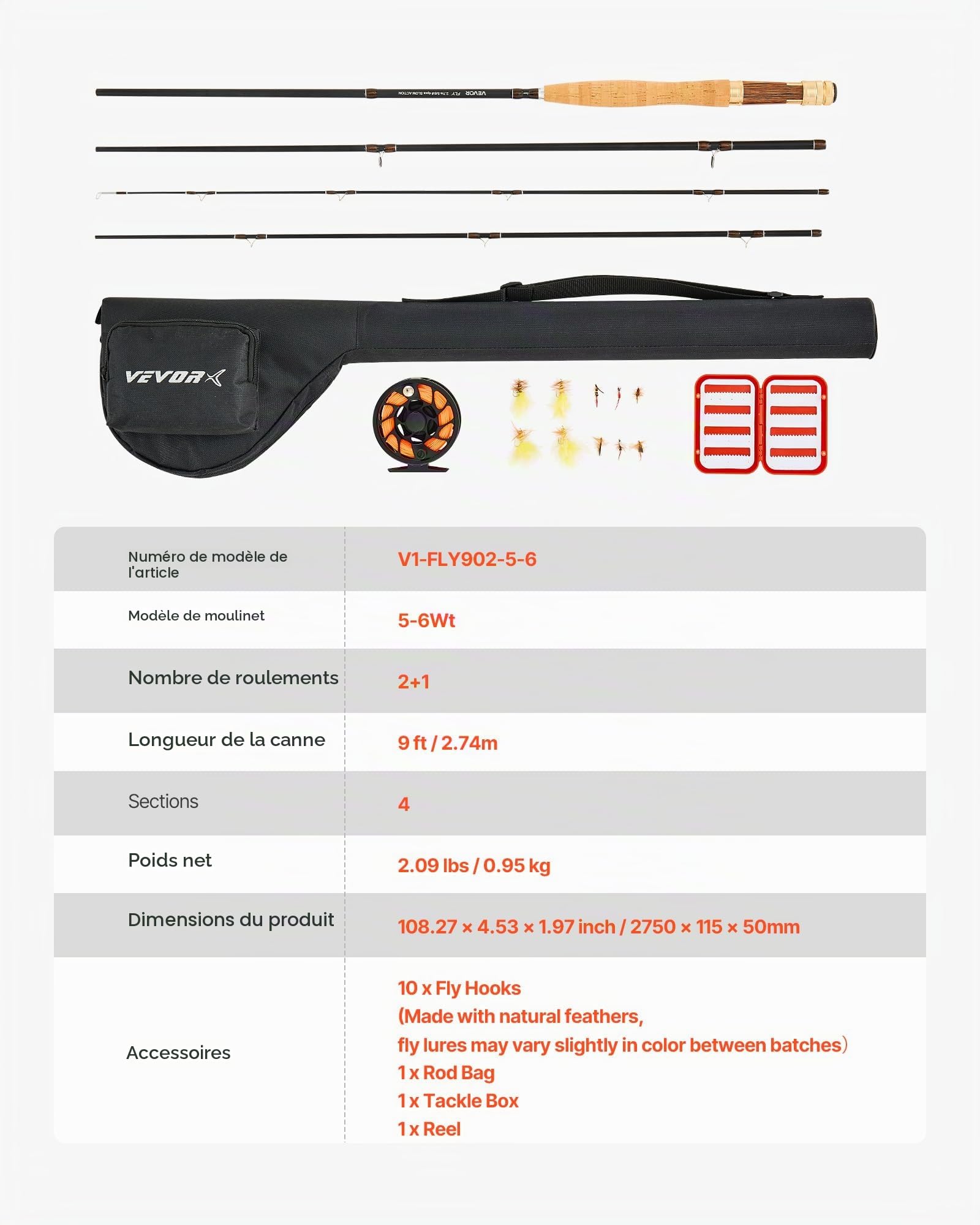 VEVOR Kit Canne et Moulinet Complet, Ensemble de Pêche à la Mouche, pour Pêcheur Voyage, Canne à Pêche en Carbone IM7, avec Housse, Boîte à Pêche, 6 Hameçons à Queue Courte et 4 à Queue Longue