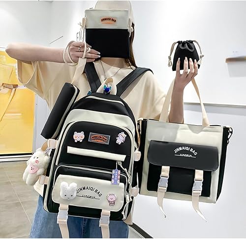 Miniatura 2 de Juego de 5 mochilas kawaii lindas con alfileres colgantes de oso, diseño de retazos, diseño de conejito de anime japonés (negro)