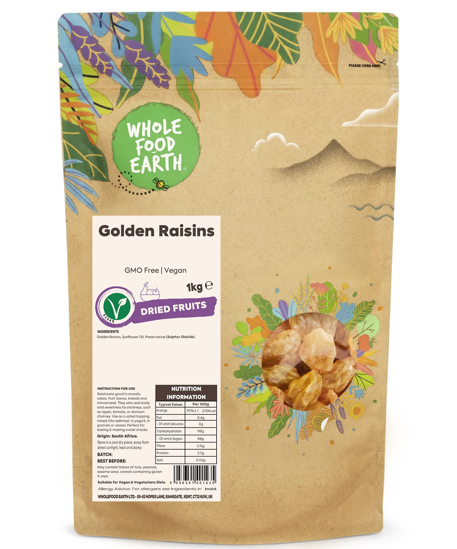 Wholefood Earth Golden Raisins 1 kg | GMO Free