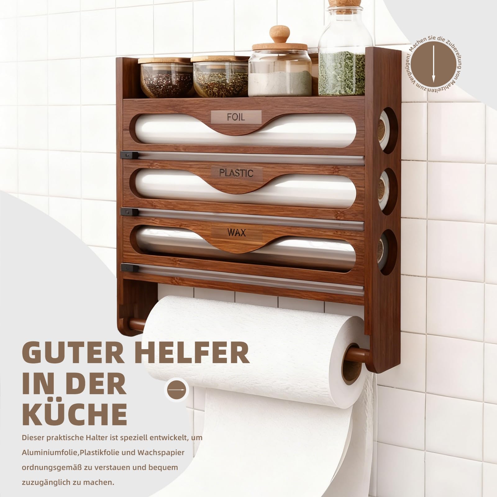Dispenser per Pellicola Trasparente 4 in 1 con Portarotolo da Cucina,Organizer da Parete per Fogli di Alluminio,Pellicola di Plastica e Carta Oleata,Contenitore Multiuso con Rotolo-Braun