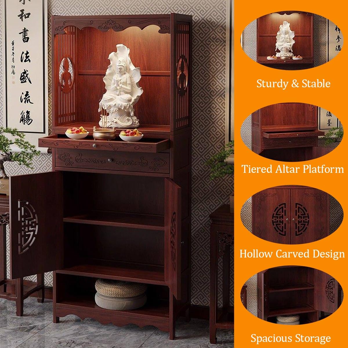 Armoire d'autel Bouddhiste, Table d’Autel Bouddhiste avec Tiroir, Autel de Méditation Feng Shui pour Bouddha, Sanctuaire de méditation pour brûle-encens et offrandes(70cm)