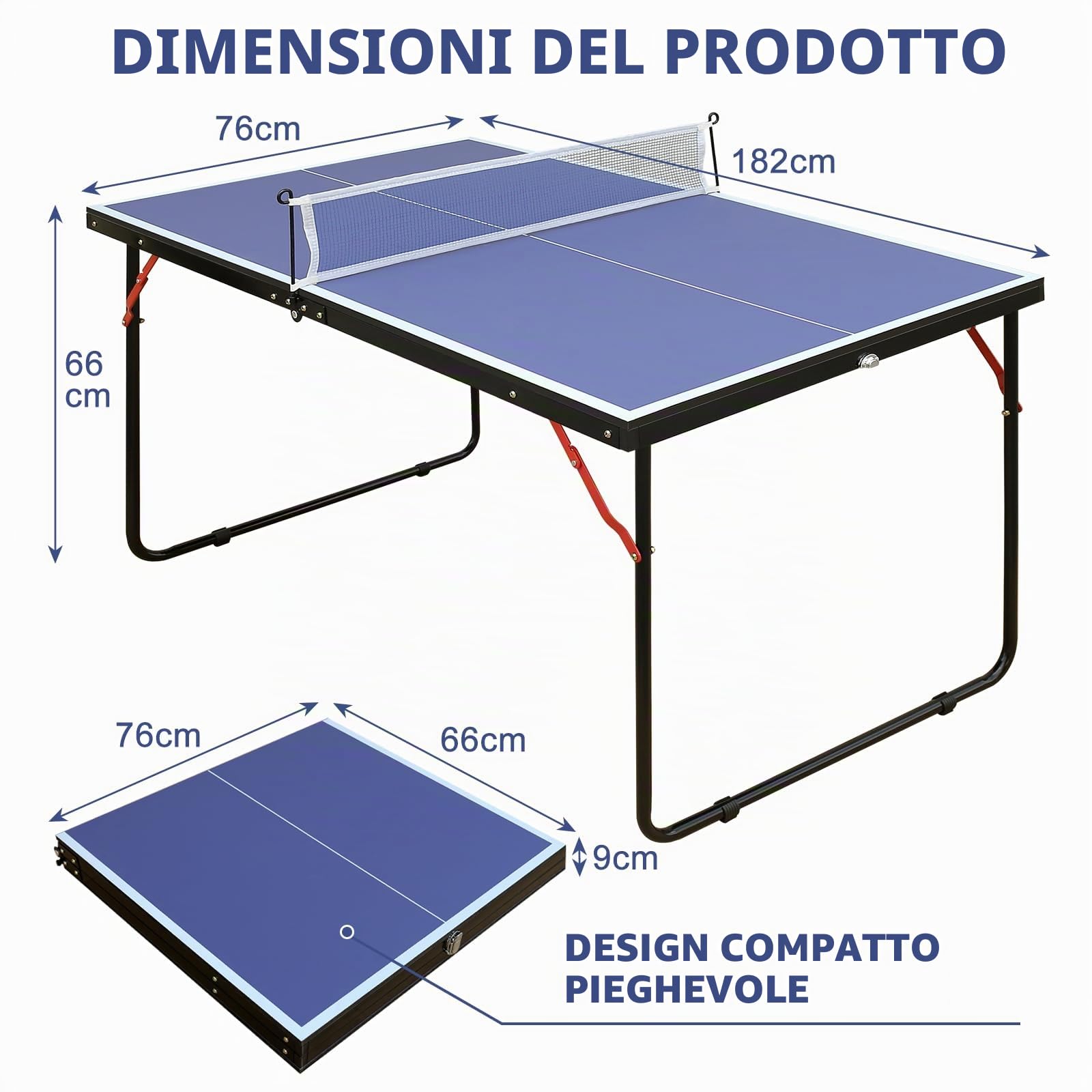 Tavolo da ping pong pieghevole e portatile, 137 x 76 cm, set da tavolo per giochi interni ed esterni, con rete, 2 racchette da ping pong e 3 palline