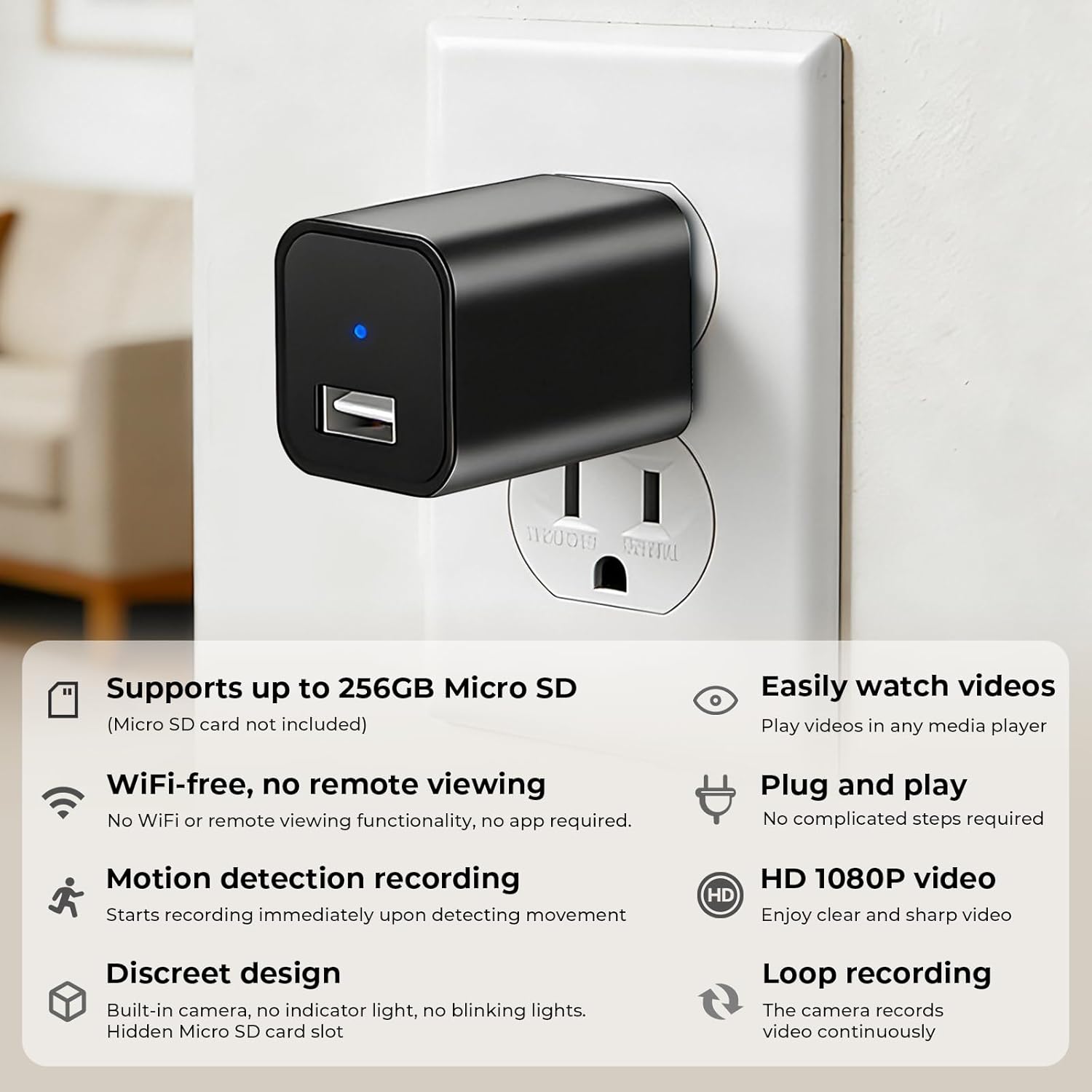 USB Hidden Camera Charger Spy Cam - 1080P Full HD Mini Wireless Nanny Cam with Night Vision, Motion Detection for Home Security, Pet Monitoring, Indoor Covert Surveillance