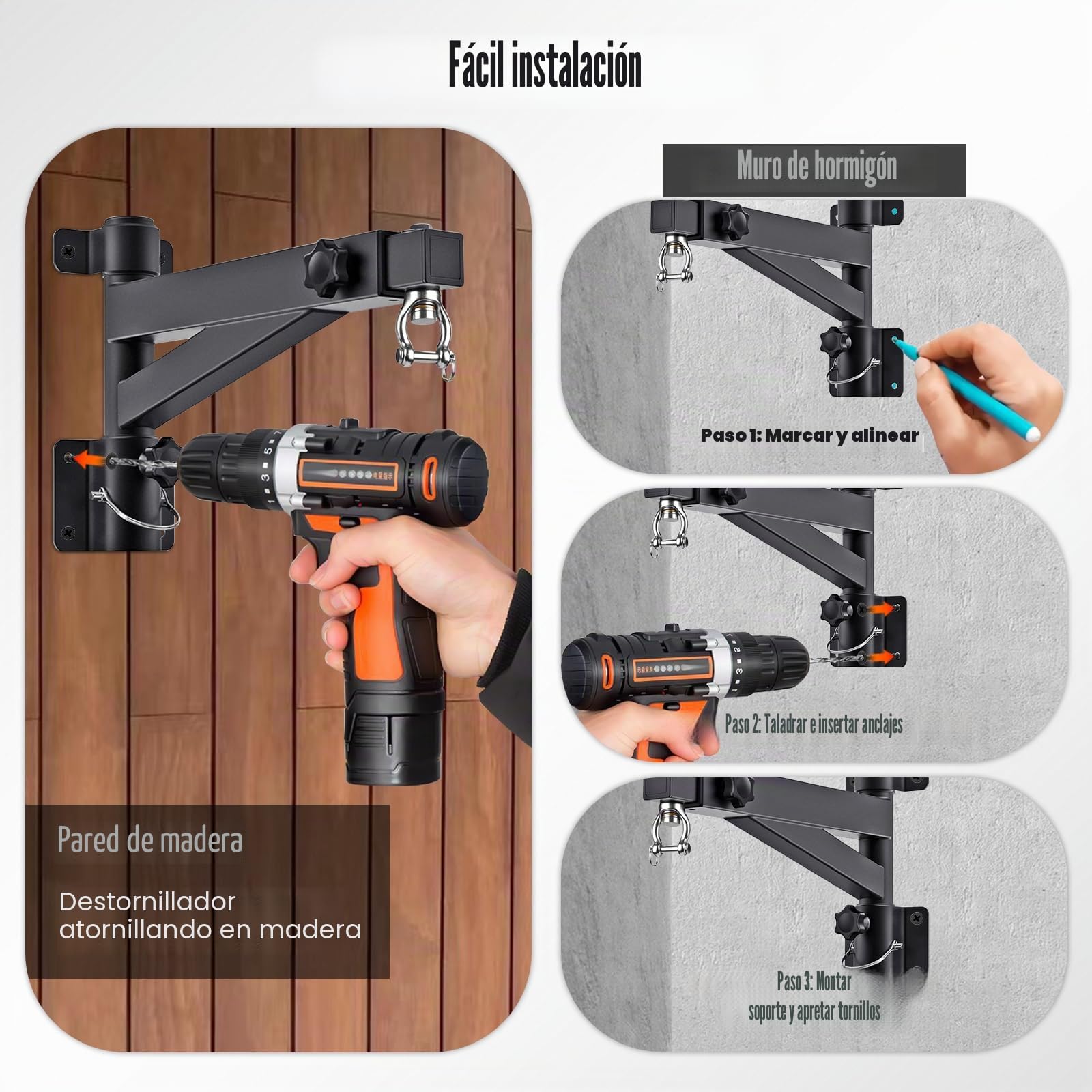 Soporte Saco Boxeo Pared, Colgador Ajustable 43-63cm, Rotación 180°, Soporta 150kg, para Muay Thai