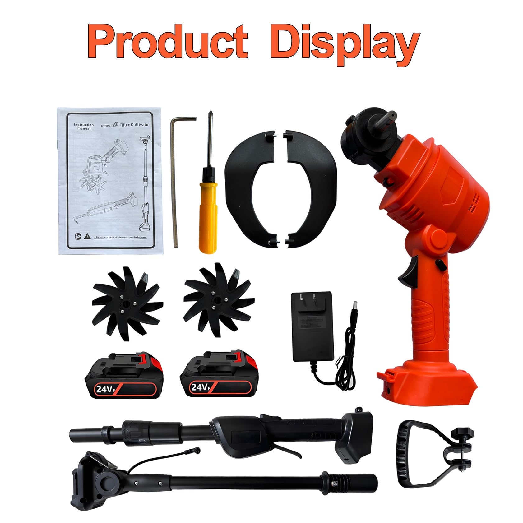 Motoculteur Électrique Professionnel 24V, Manche Amovible 1.3m, 2 Batteries et Chargeur, 235 TR/Min, Outil de Jardinage pour Potager, Verger et Champ de Légumes