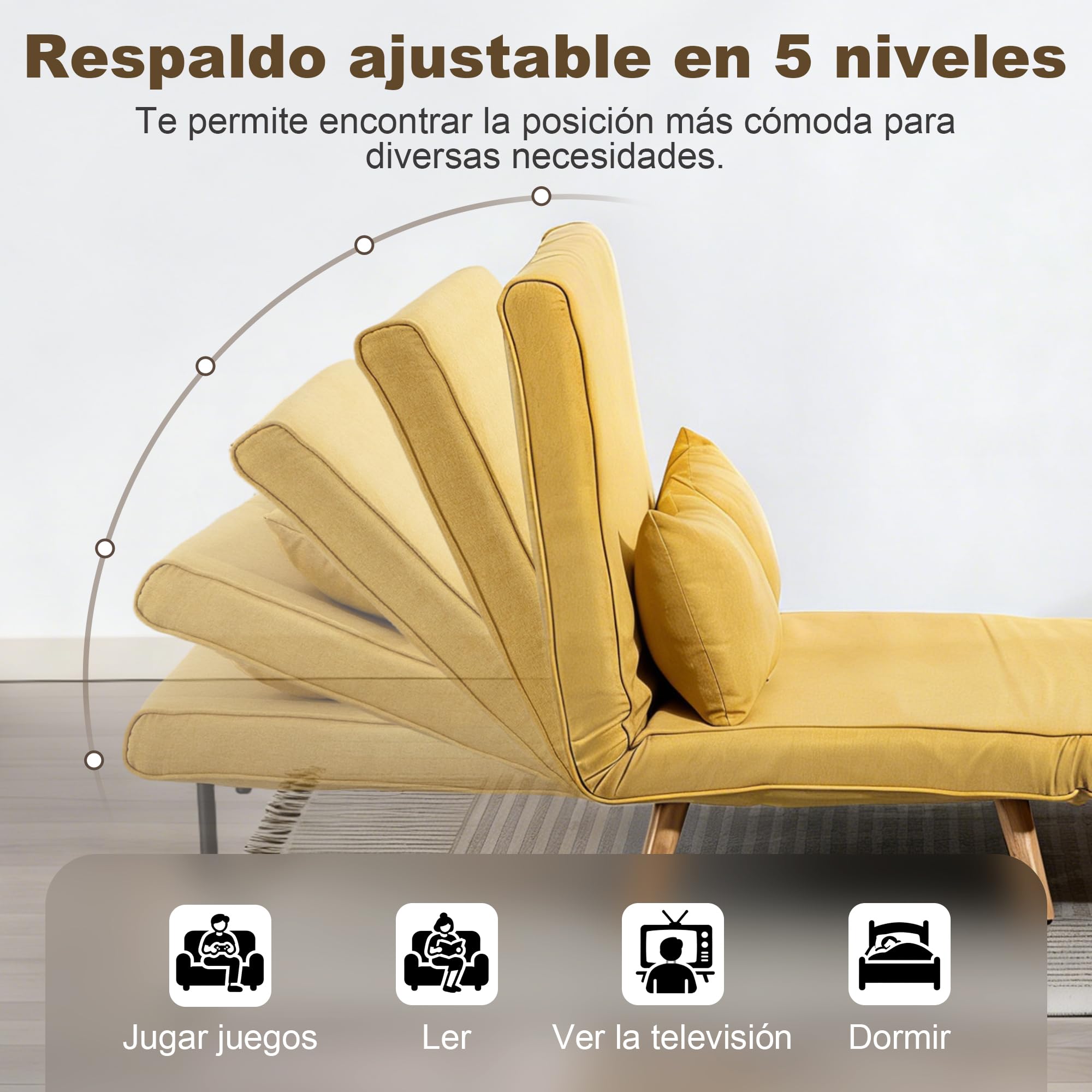 HOMCOM Sofá Cama de 2 Plazas Plegable 3 en 1, Sofá Cama, Tapizado en Lino, con Respaldo Ajustable 5 Posiciones, 2 Almohadas, para Dormitorio, Salón, Amarillo