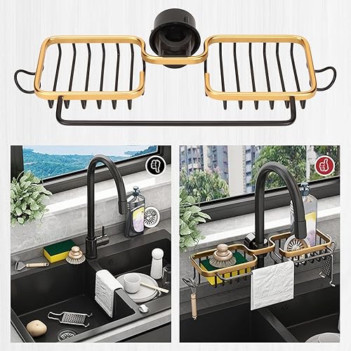 Miniatura 2 de Estante de almacenamiento para grifo, organizador de fregadero de cocina, organizador de plástico de aluminio, dos recipientes con barra de toalla