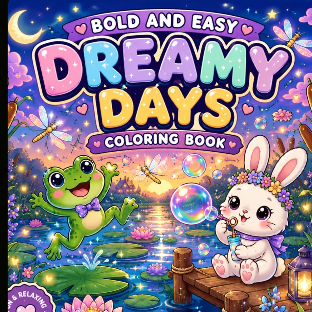 Bold and Easy Dreamy Days Coloring Book: Kawaii Animal Scenes for Relaxation and Calm Focus.