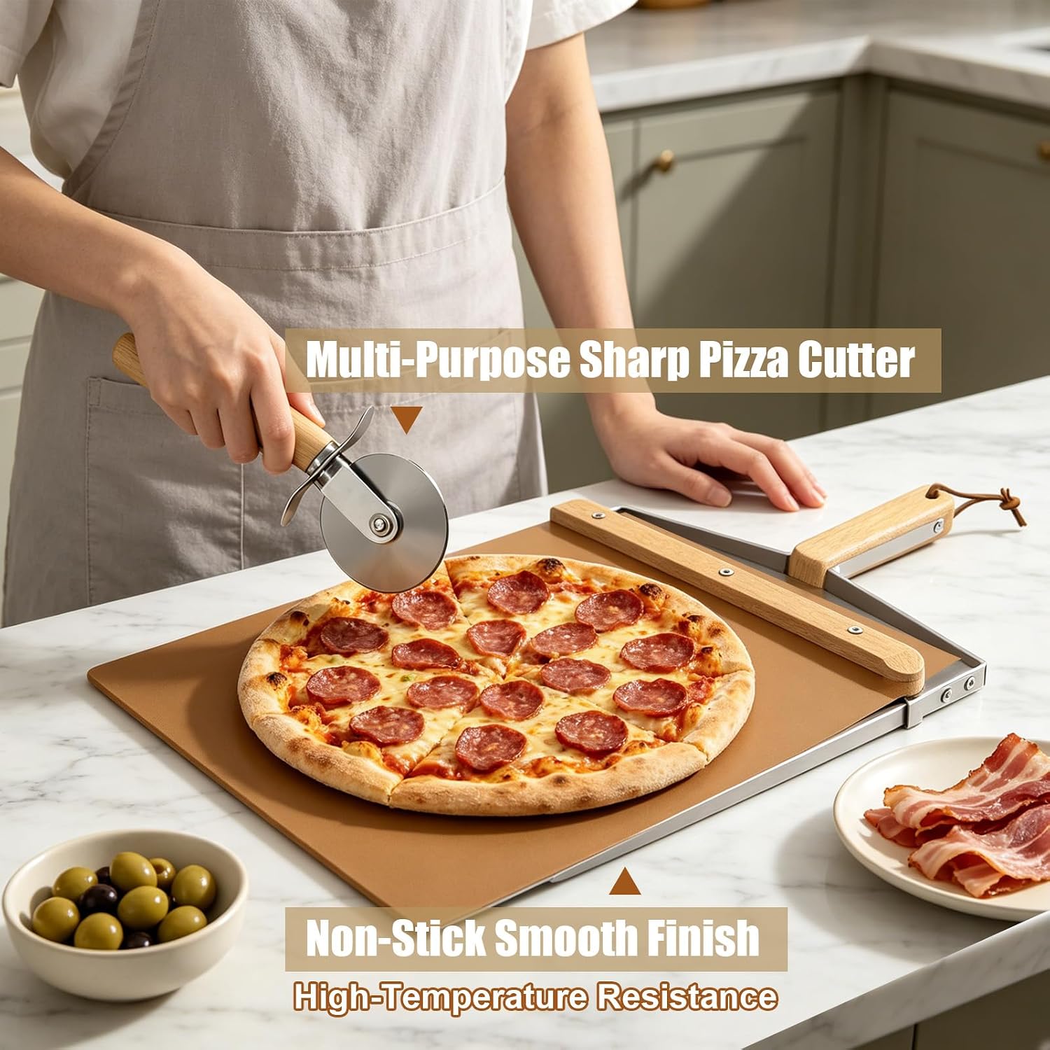 12" Sliding Pizza Peel, Pizza Slider Paddle with Pizza Cutter Rocker
