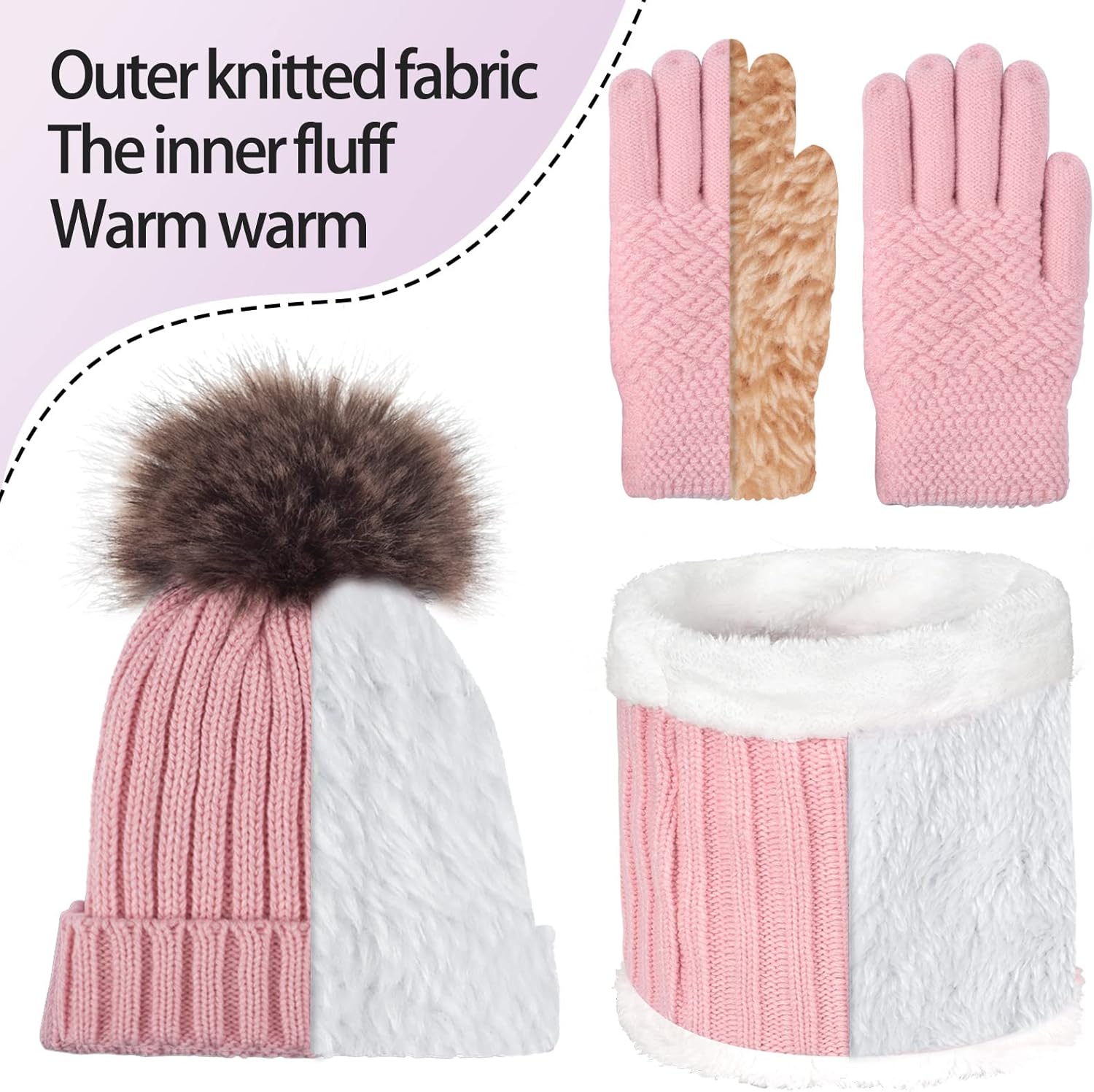 Kids Winter Knit Beanie Hat Scarf Gloves Set for Girls Boys Warm Thick Fleece Lined Cap with Pompom Mittens Neck Warmer - Image 5
