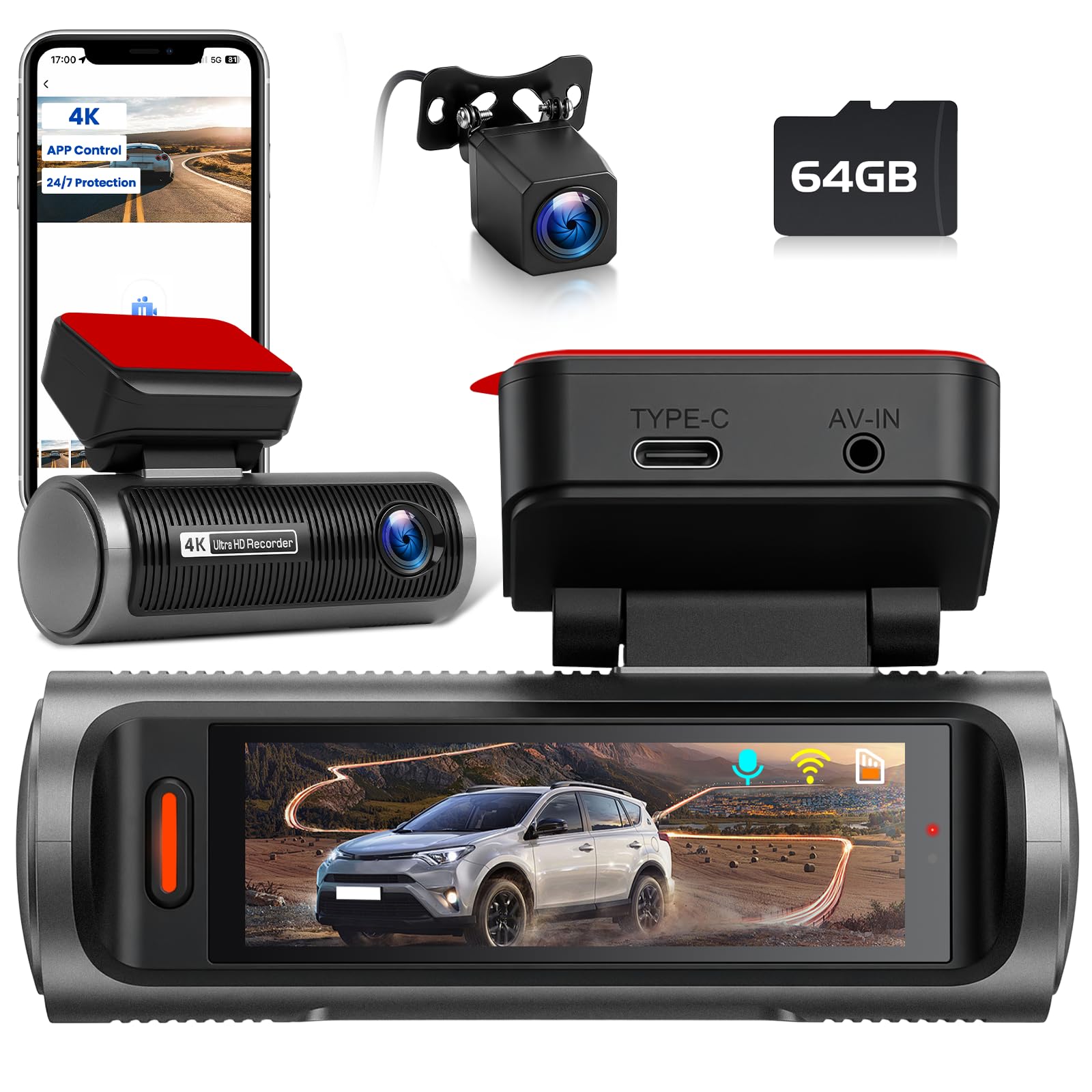 2 Canales Dash CAM, WiFi Dash CAM con 4K Delantero y Trasero, Pantalla de 3 Pulgadas, Cámara de Coche con Tarjeta 64 G/G-Sensor/Grabación en Bucle/Visión Nocturna/24h-Monitor de Aparcamiento