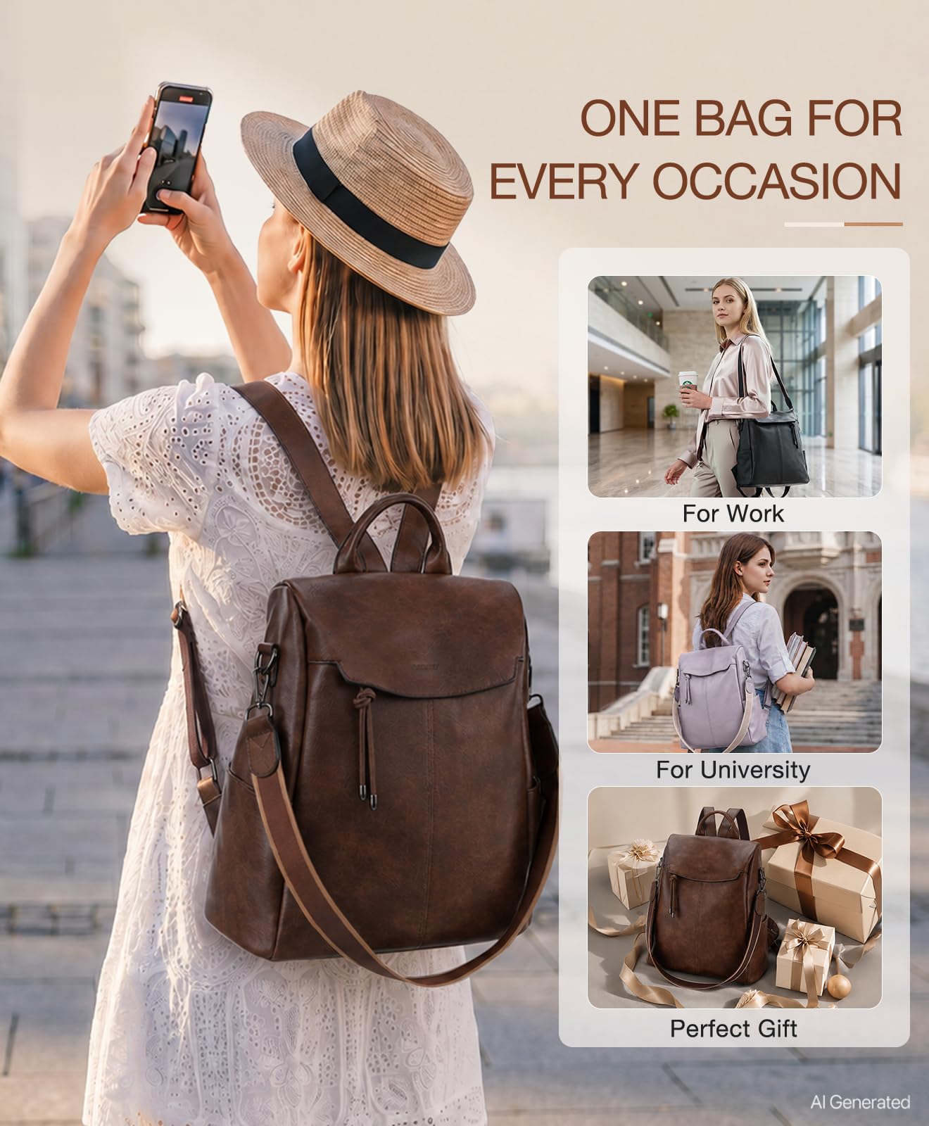 VX VONXURY Sac a Dos Femme en Cuir PU Sac a Dos Antivol avec Poche Arrière Sacs à Dos loisir pour Travail, Scolaire, Voyage