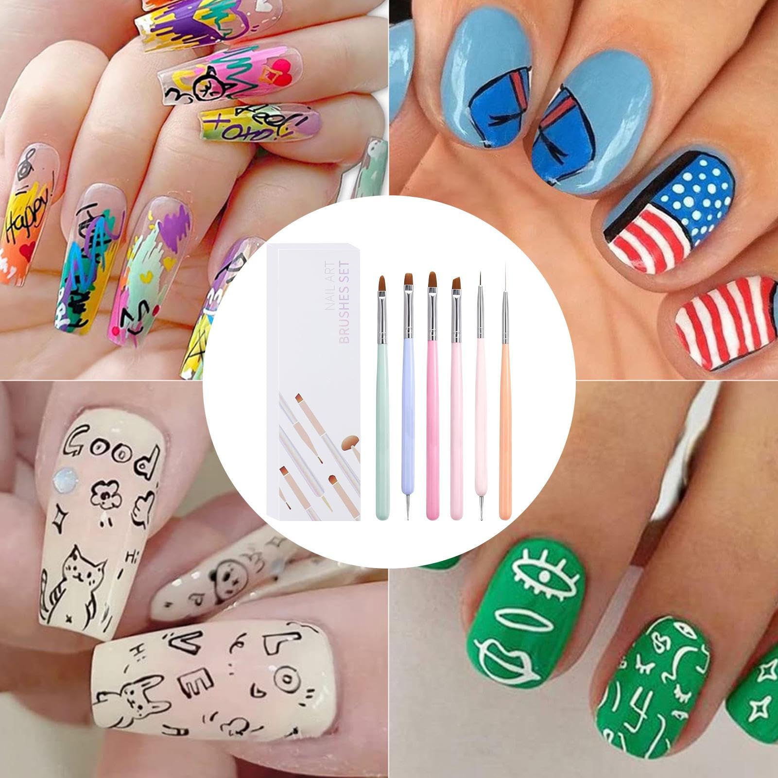 Set Di Pennelli Per Nail Arts, 6 Pezzi Pennelli Unghie Gel Per Design Su Unghie, Strumenti Penne Nail Arts, Set Di Strumenti Manicure A Doppia Testa, Pennellis French Liner Unghies, Per Disegno