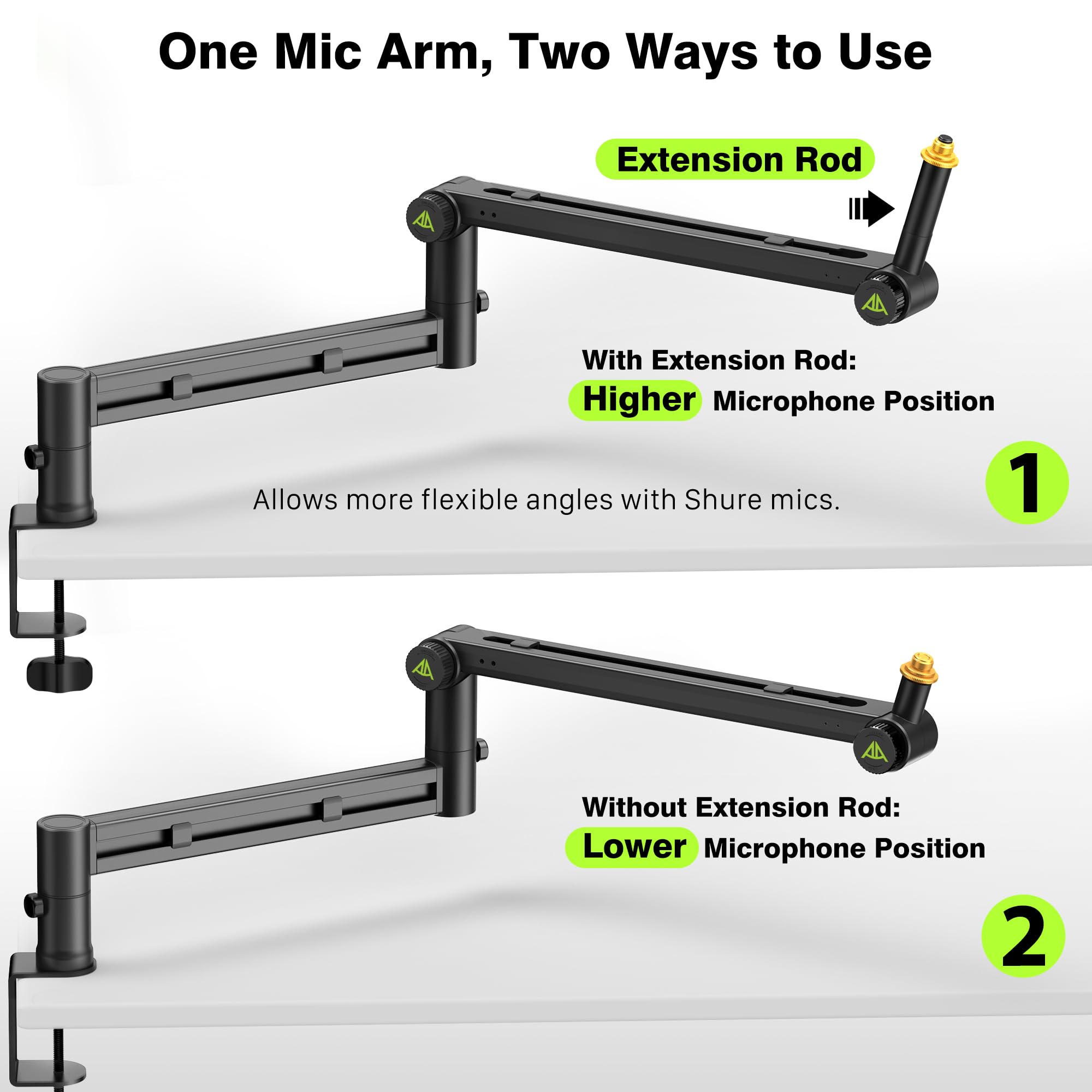 AA AUDIO ACCESSORY Bras de micro profil bas (conçu pour micros lourds) - Capacité 3 kg - Structure de verrouillage stable - Support de bureau métallique pour Shure SM7B, MV7+, Blue Yeti, Rode PodMic