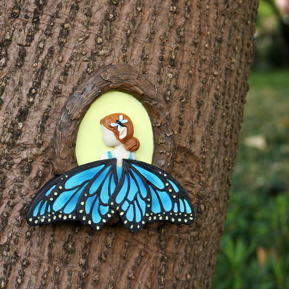 Meyas Butterfly Wings Girl Garden Statue, Glow in Dark Resin Hanging Ornament, Waterproof Outdoor Tree Trunk Sculpture for Yard Patio Balcony Lawn Wall Decoration,Vintage Luminous Garden Figurine Gift