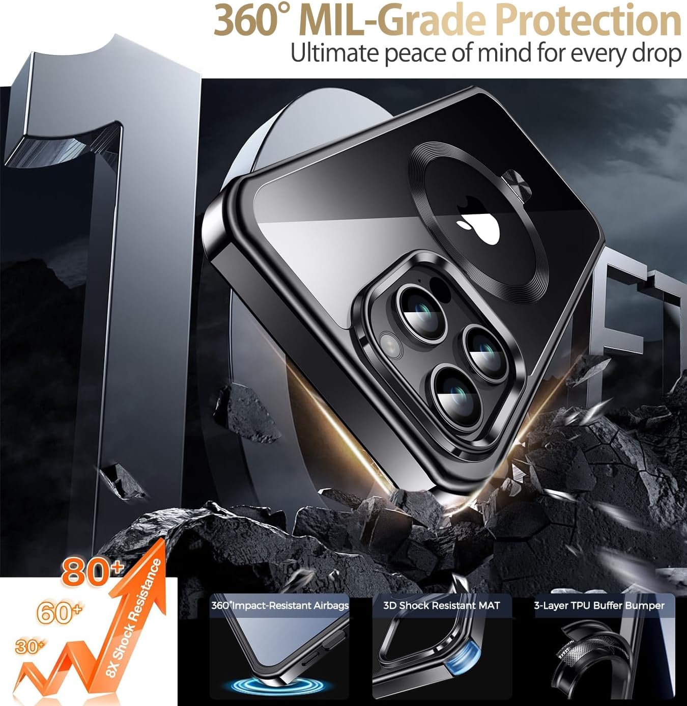 [CD Metal Ring Stand + Built-in Privacy Screen Protector] Magnetic Case for iPhone 16 Pro Max 6.9" [Soft Bumper Full Signal] [Compatible with MagSafe] 9H Glass Full Body Shockproof Clear Case, Black