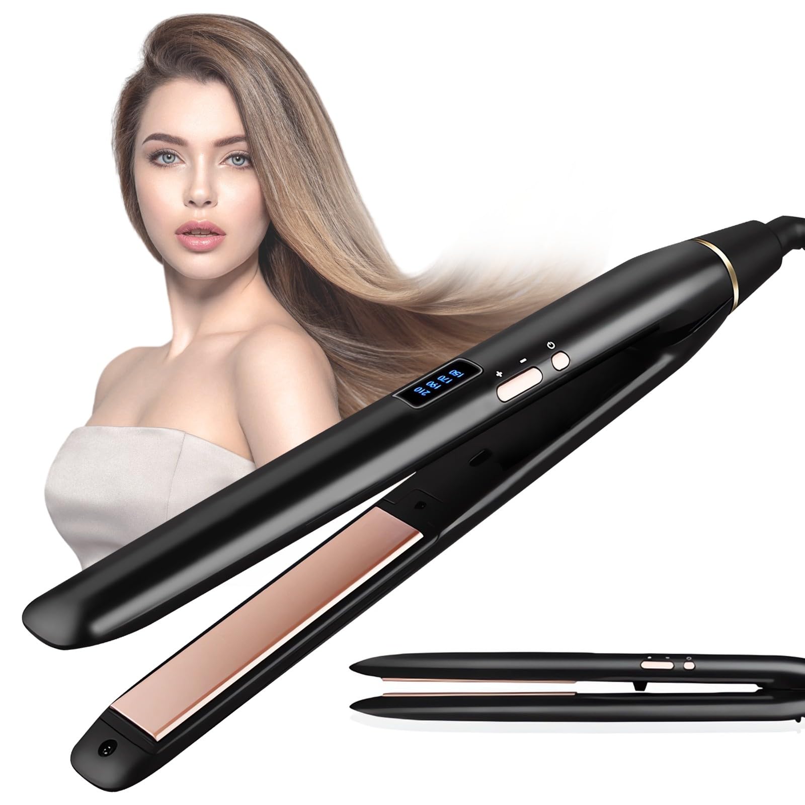 Plancha de Pelo Ceramic Slim, HyAdierTech Plancha Mini de Pelo con pantalla LED, Plancha Alisadora de Cerámica Portátil, 4 Temperaturas Hasta 210°C, Calienta en 30s Plancha Pelo (negro)