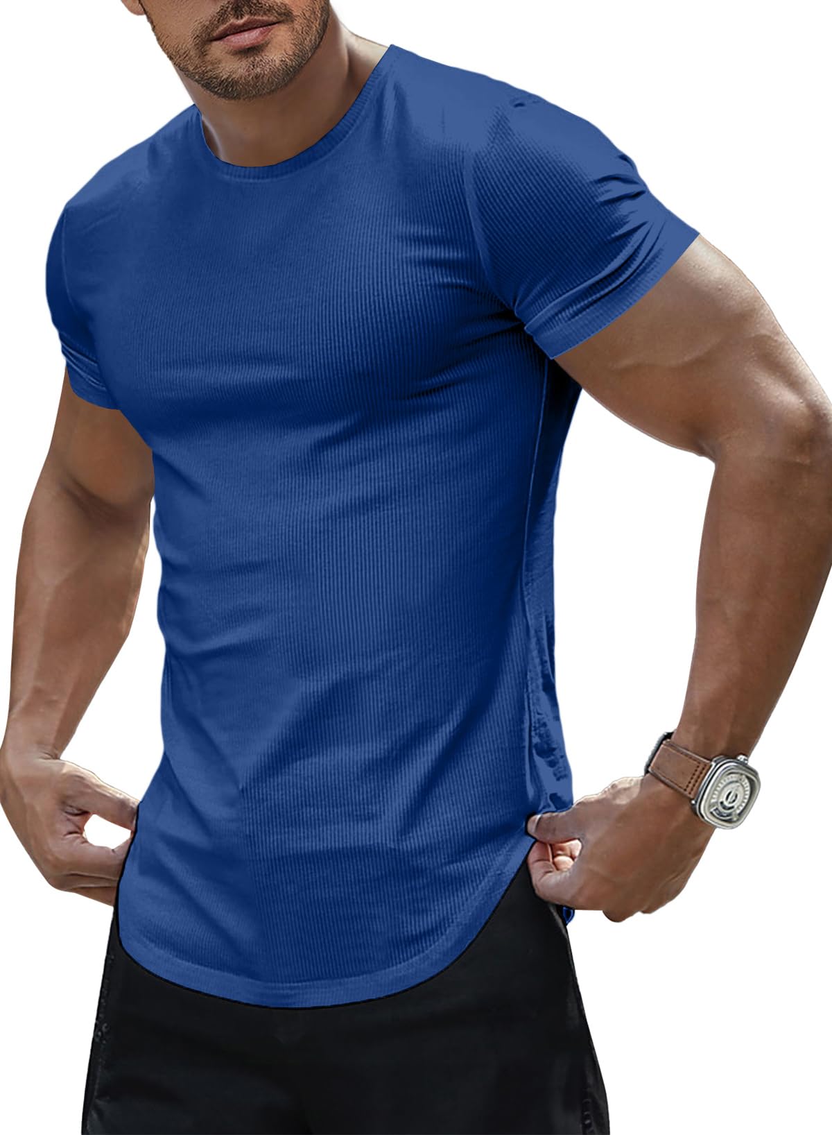 JMIERR Mens Short Sleeve T Shirt Summer Muscle Slim Fitted Crewneck Longline Tees Shirts for Gym Workout