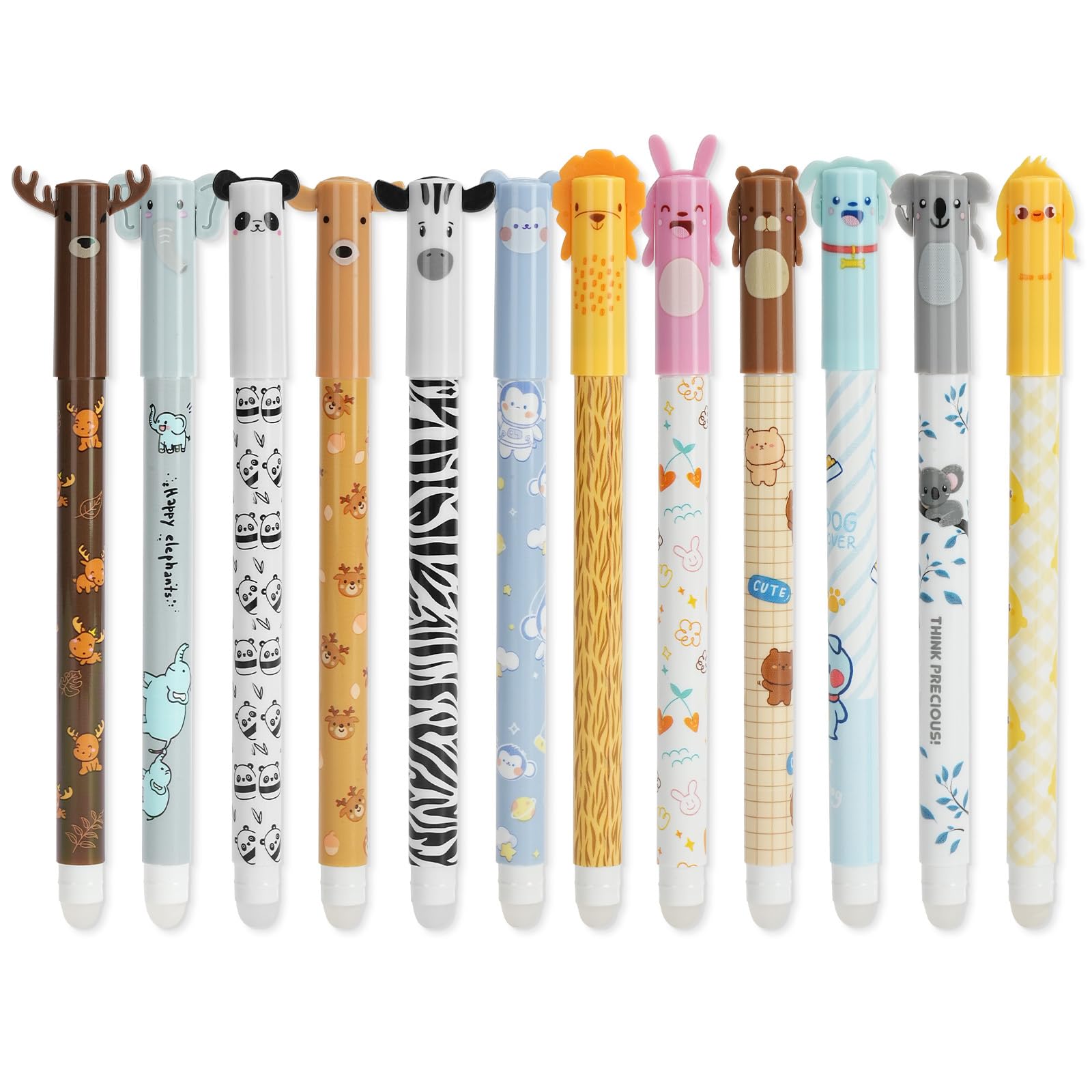 AUAUY 12 Pcs Erasable Gel Pens with Thermosensitive Erase Ink, 0.5mm Tip, Blue Ink Color, Range of Barrel Designs, with Cute Cartoon Animal Designs, Rub Out Pen for Student Stationery Office Supplies