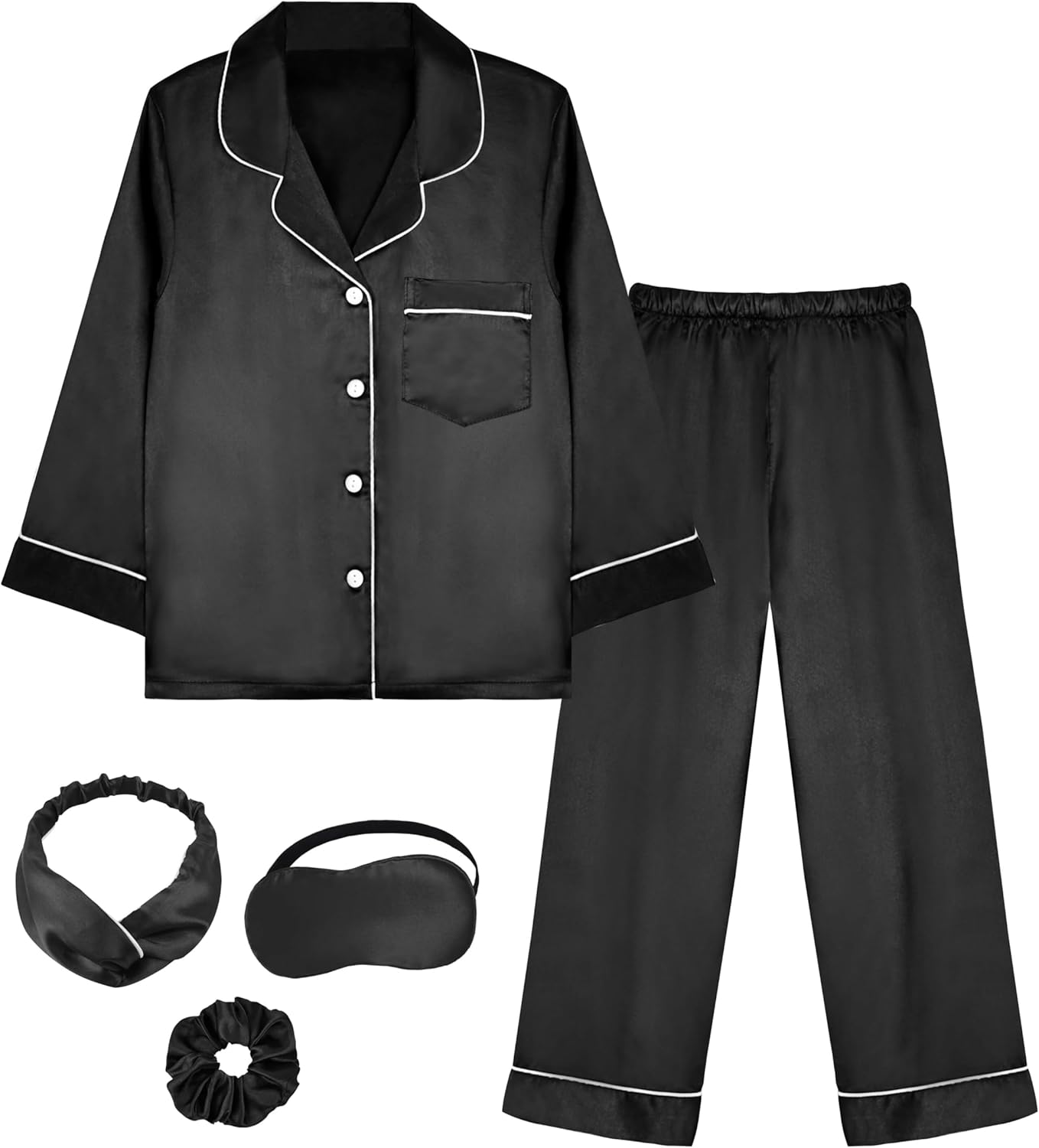 EPLAZA Kids Satin Pajamas Sets Girls Boys Button-Down Silky Pajamas Sleepwear with Hairband Eye Mask Hair Tie