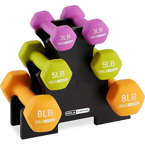 HolaHatha 2, 3, 5, 8, and 10 Pound Neoprene Dumbbell Free Hand Weight Set with Rack, Ideal for Home Exercises to Gain Tone and Definition, Pastel