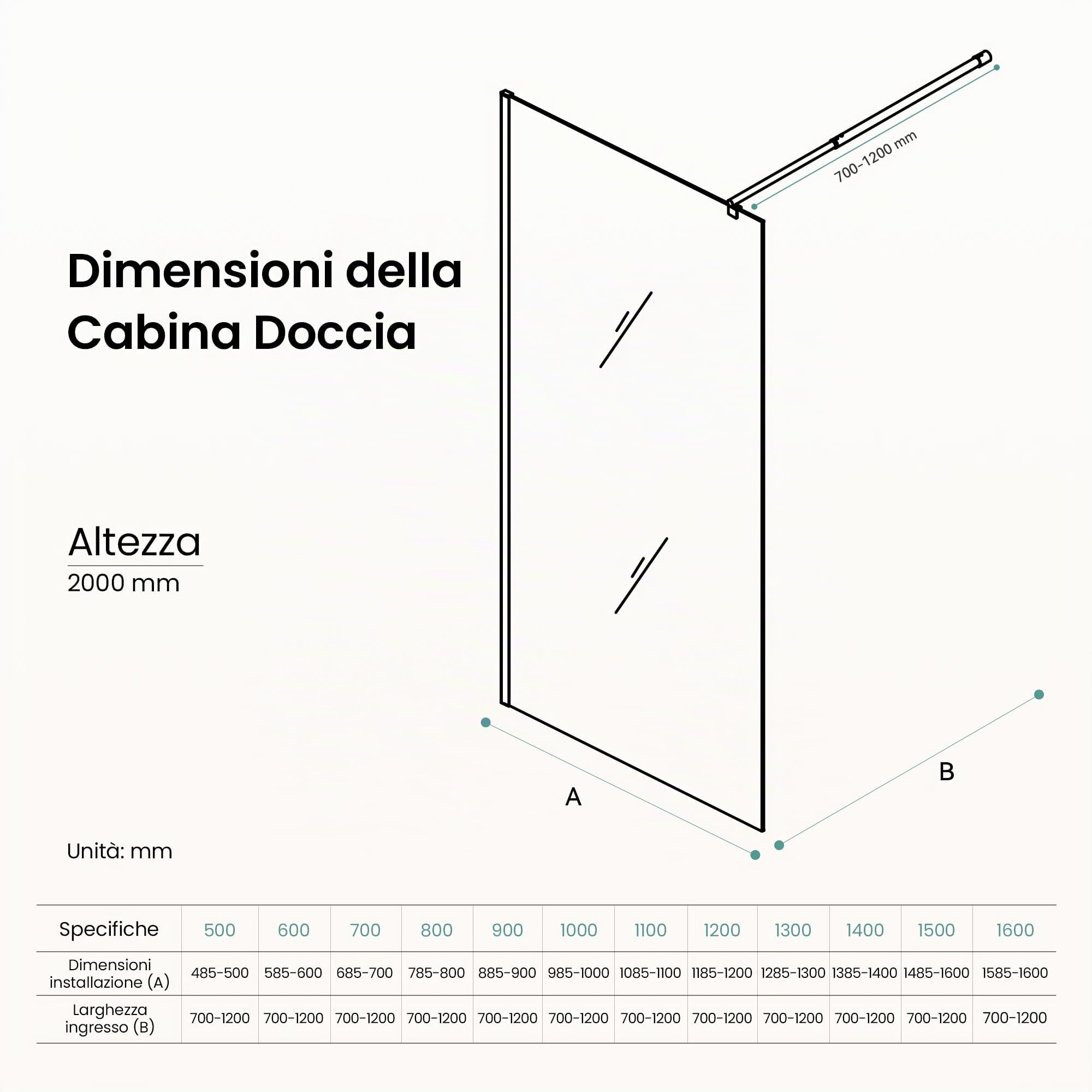Mai & Mai Box Doccia Walk-In 140x200cm, Parete Doccia in Vetro Grigio 10mm Vetro di Sicurezza ESG con 2 Bracci Sostegni Telescopici MMBR3 Nero