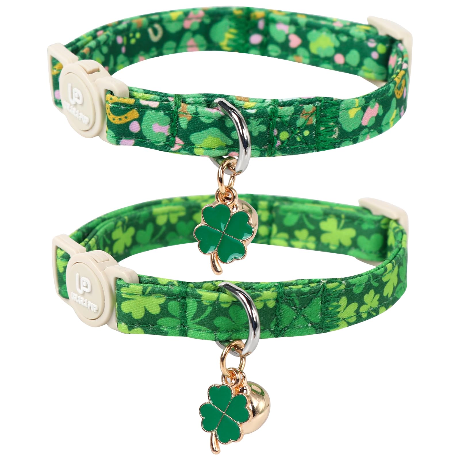 UP URARA PUP Cat Collar,2Pack St.Patrick's Day Kitten Collars Cute Shamrock Breakaway Kitty Collars,Spring Green Trefoil Cat Collar with Bell, Lucky