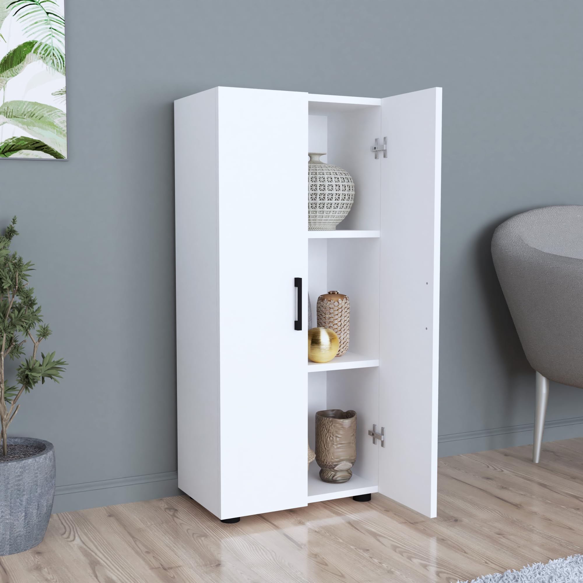 [en.casa] Armario Auxiliar Aparador 2 Puertas con Tiradores y 3 Compartimentos para Dormitorio Cocina Despacho Estable Aglomerado 108 x 49 x 32 cm - Blanco