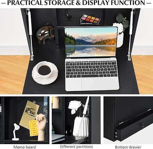 Miniatura 7 de KOTEK Escritorio montado en la pared, escritorio flotante para computadora portátil con cajón de almacenamiento y estantes, armarios de