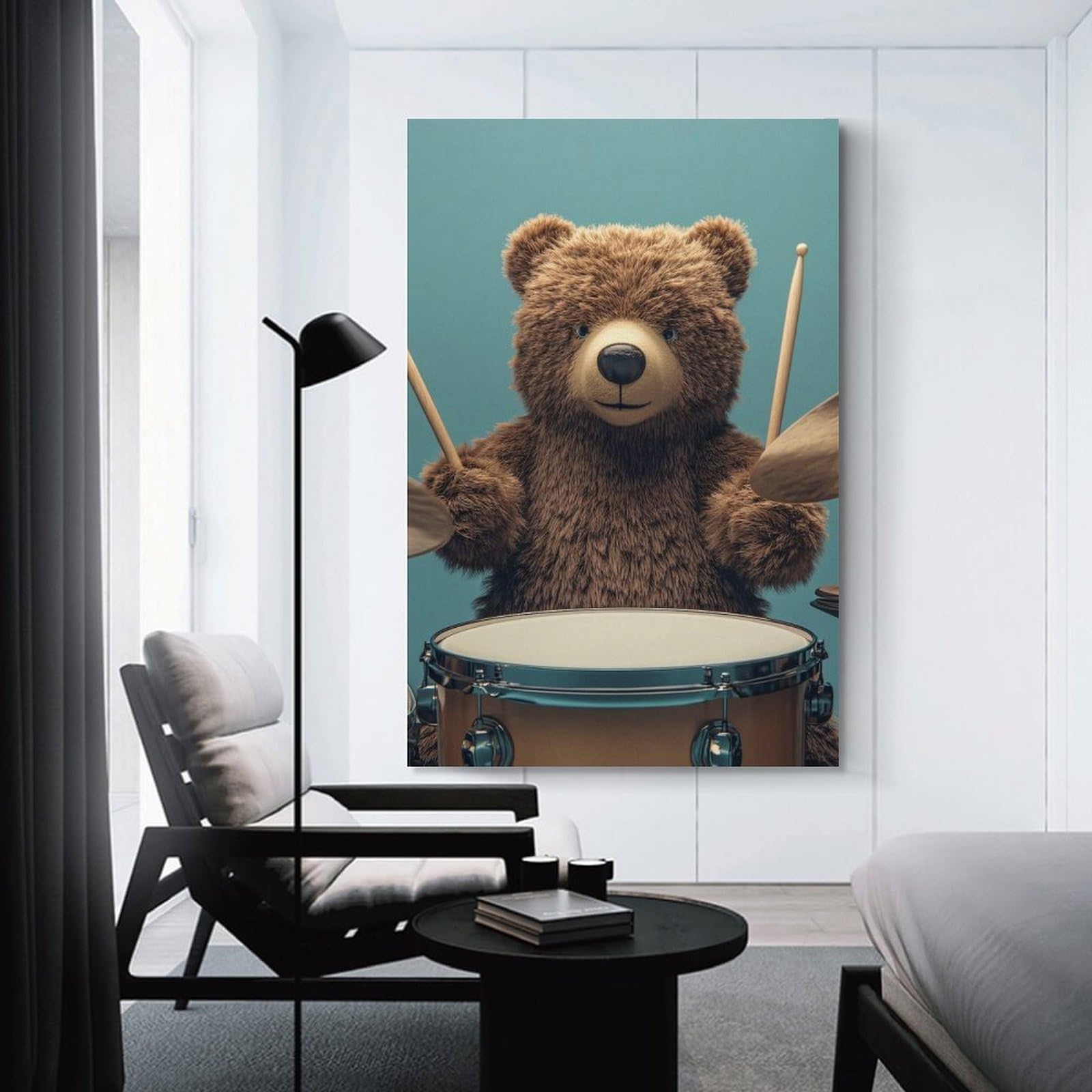 Junmoney Canvas Art Print Teddy Bear Drummer, 24x36inch(60x90cm), for Office, Study Or Home Workspace, Home Office Artwork with Decorative Appeal