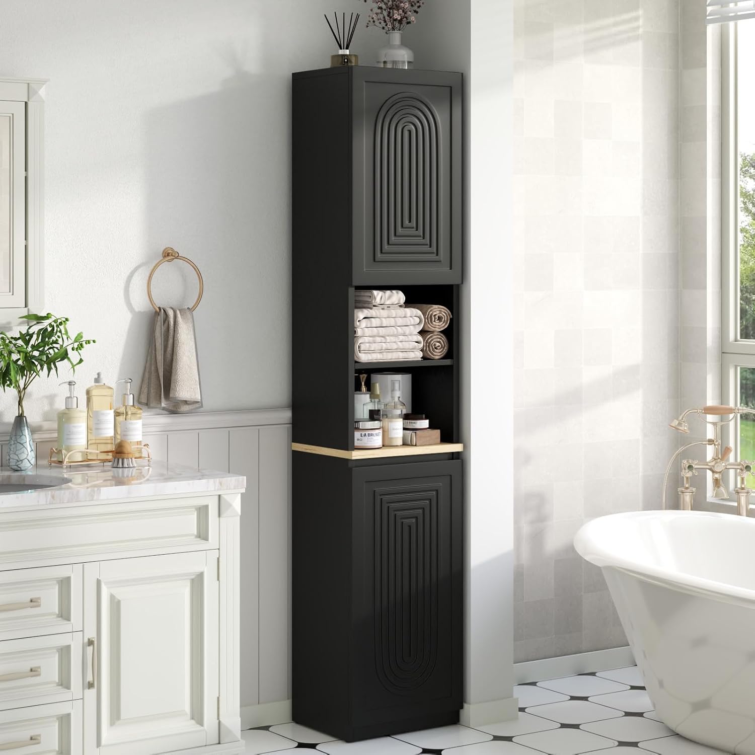Gyfimoie 67" Tall Bathroom Storage Cabinet with 2 Doors, Slim Narrow Freestanding Cabinet with Adjustable Shelves, for Small Space, Kitchen, Living Room, Entryway, Black