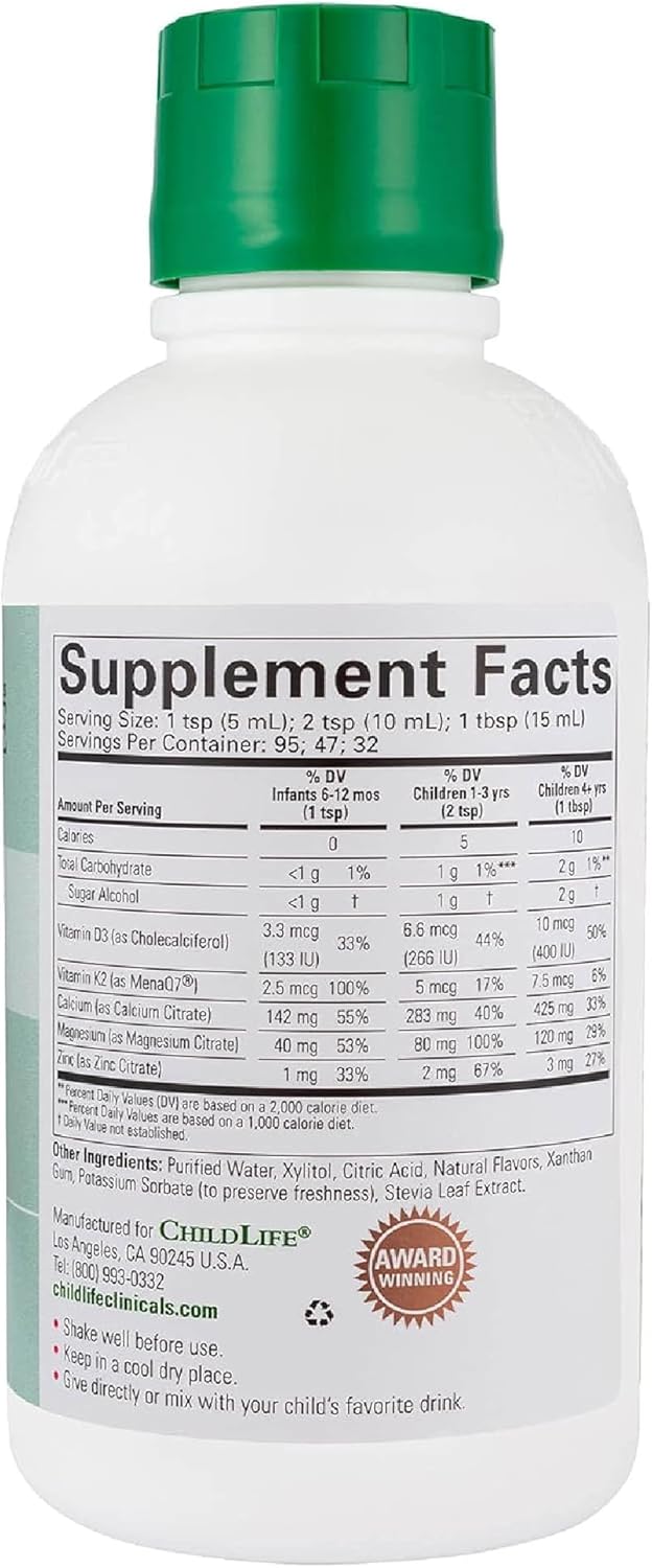 CHILDLIFE ESSENTIALS Clinicals Bone Health - Baby Liquid Calcium, Kids Calcium Liquid w/ Magnesium, Zinc, Vitamin D3, for Babies 6 Months & Up, Toddlers, Children - Orange Flavor, 16 fl oz (1 Pack)