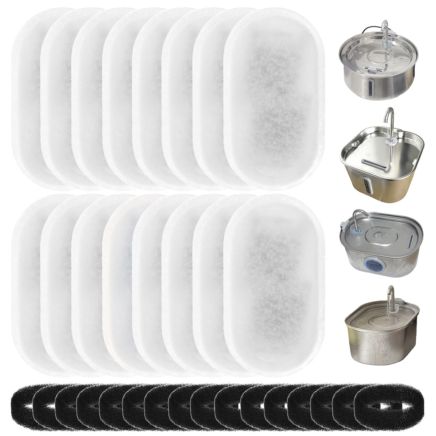 QWORK® 16 Replacement Activated Carbon Filters + 16 Foam Filters for 3.2L/2L Cat Water Fountain - Triple Filtration System