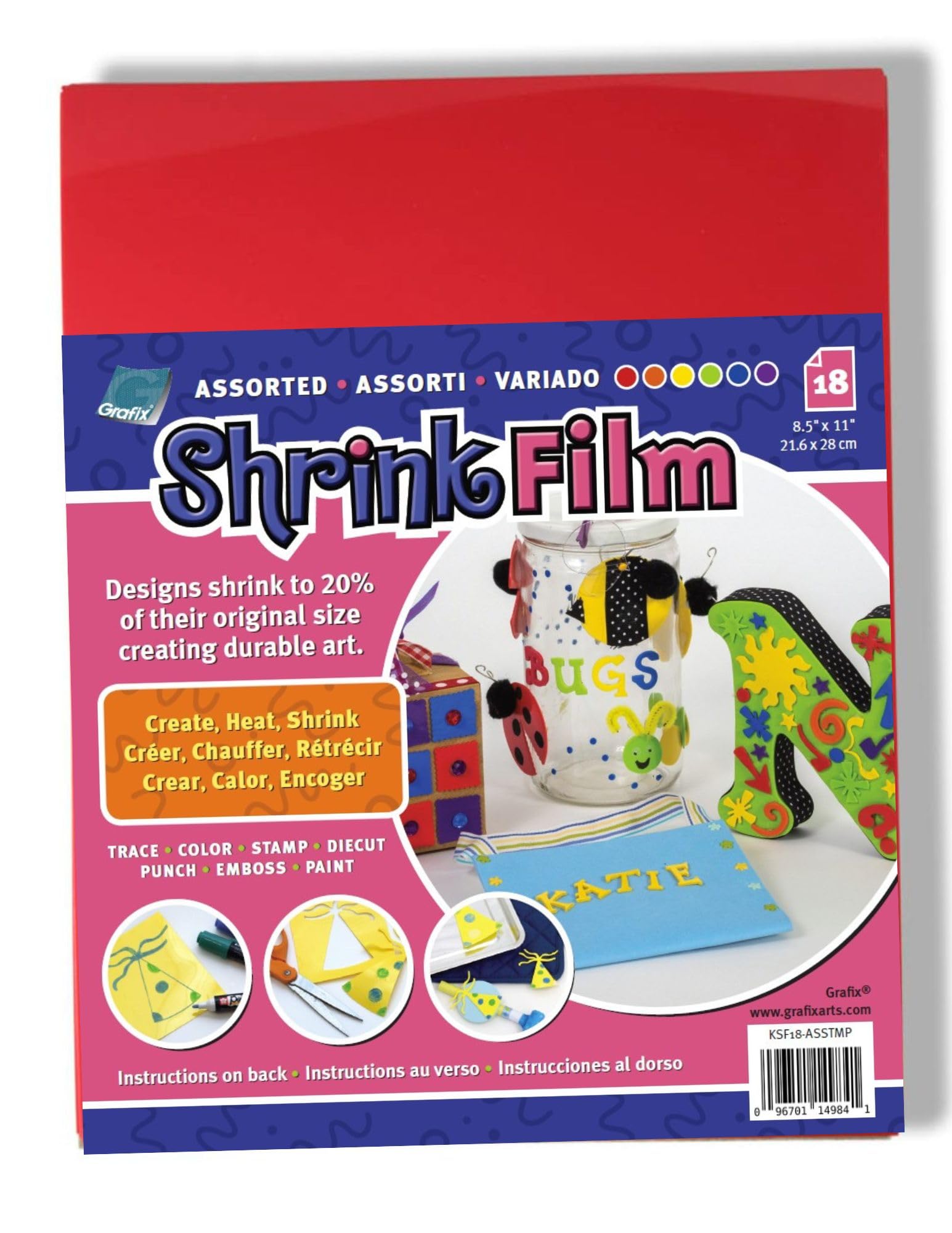 Grafix Shrink Film - Assorted Bright Opaque Colors 8.5"x11" Sheets, Design Your Art and Shrink It to Create Jewelry, Embellishments, Paper Crafts,