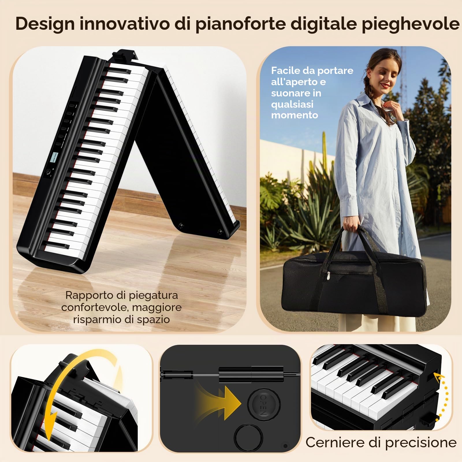 TERENCE Pieghevole Pianoforte Digitale 88 Tasti pesati con batteria da 2000 mAh Altoparlanti 2x25W Bluetooth e interfaccia MIDI supporto per spartiti Borsa adesiva Cavo audio con Pedale di sostegno